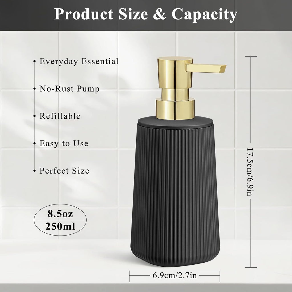 Black and Gold 2 Pack Hand Soap Dispensers with No Rust Pump for Bathroom and Kitchen Countertops Refillable Striped Matte Plastic 8.5 oz