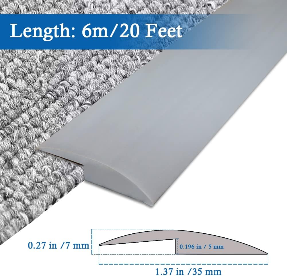 Floor Transition Strip Self Adhesive Carpet & Flooring Transitions Edging Trim Strip PVC Threshold Transitions Suitable for Threshold Height Less Than 5mm (20Ft, Gray)
