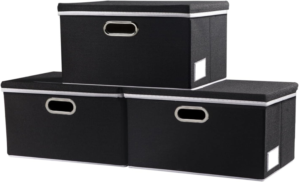PRANDOM Storage Boxes with Lids [3-Pack] Fabric Collapsible Storage Bins Organizer Containers Baskets Cube with Cover for Home Bedroom Closet Office Nursery Black（11.4X8.6X6.7