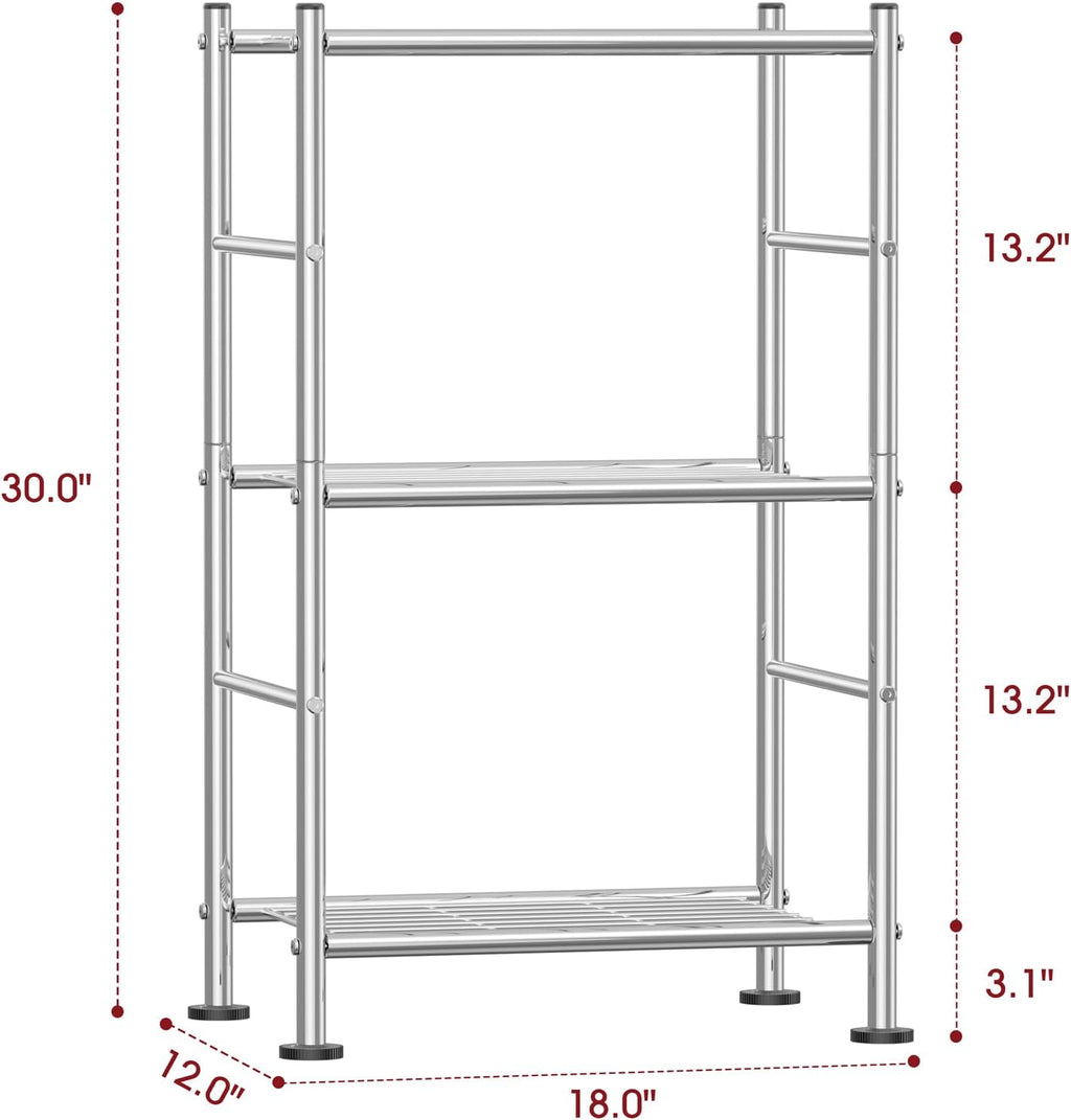 Storage Shelves - 3 Tier Shelf Organizer, Sturdy Metal Shelving with Adjustable Leveling Feet, Space-Saving Shelves Organizer for Pantry, Laundry, Kitchen (18" x 12" x 30", Silver)