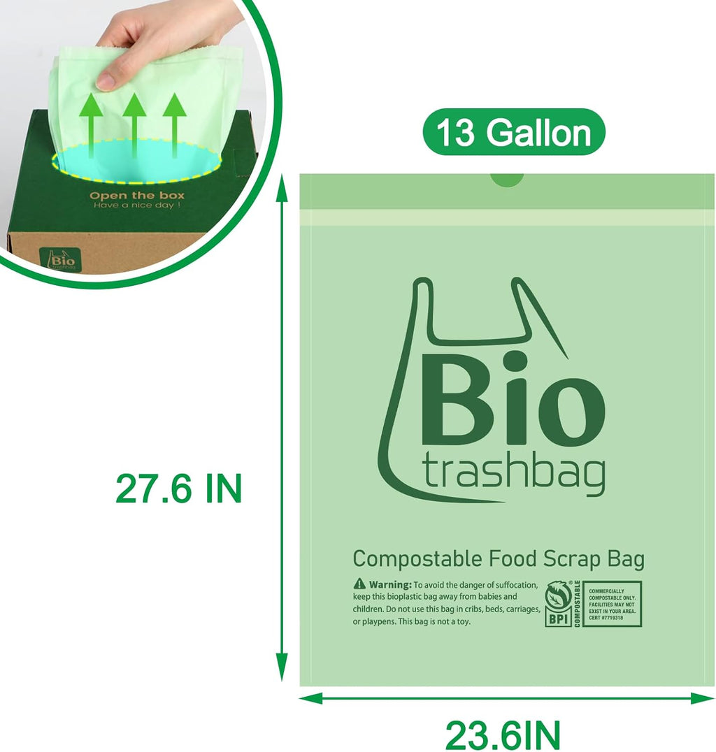 13 Gallon Compostable Trash Bags, Biodegradable Drawstring Compost Food Waste Bags, 100 Count, Heavy Duty 1 Mil, 49.2 Liter, Tall Kitchen Large Garbage Bags, US BPI and Europe OK Compost