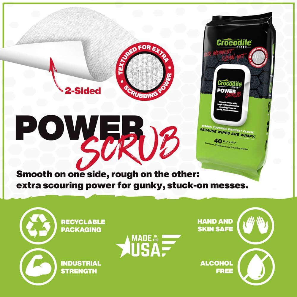Crocodile Cloth PowerSCRUB - 40 (15" x 10") Heavy Duty Cleaning Wipes - Dual-Surface Cloths, Moist, Absorbent, & Disposable - Safe on Skin & Multiple Surfaces