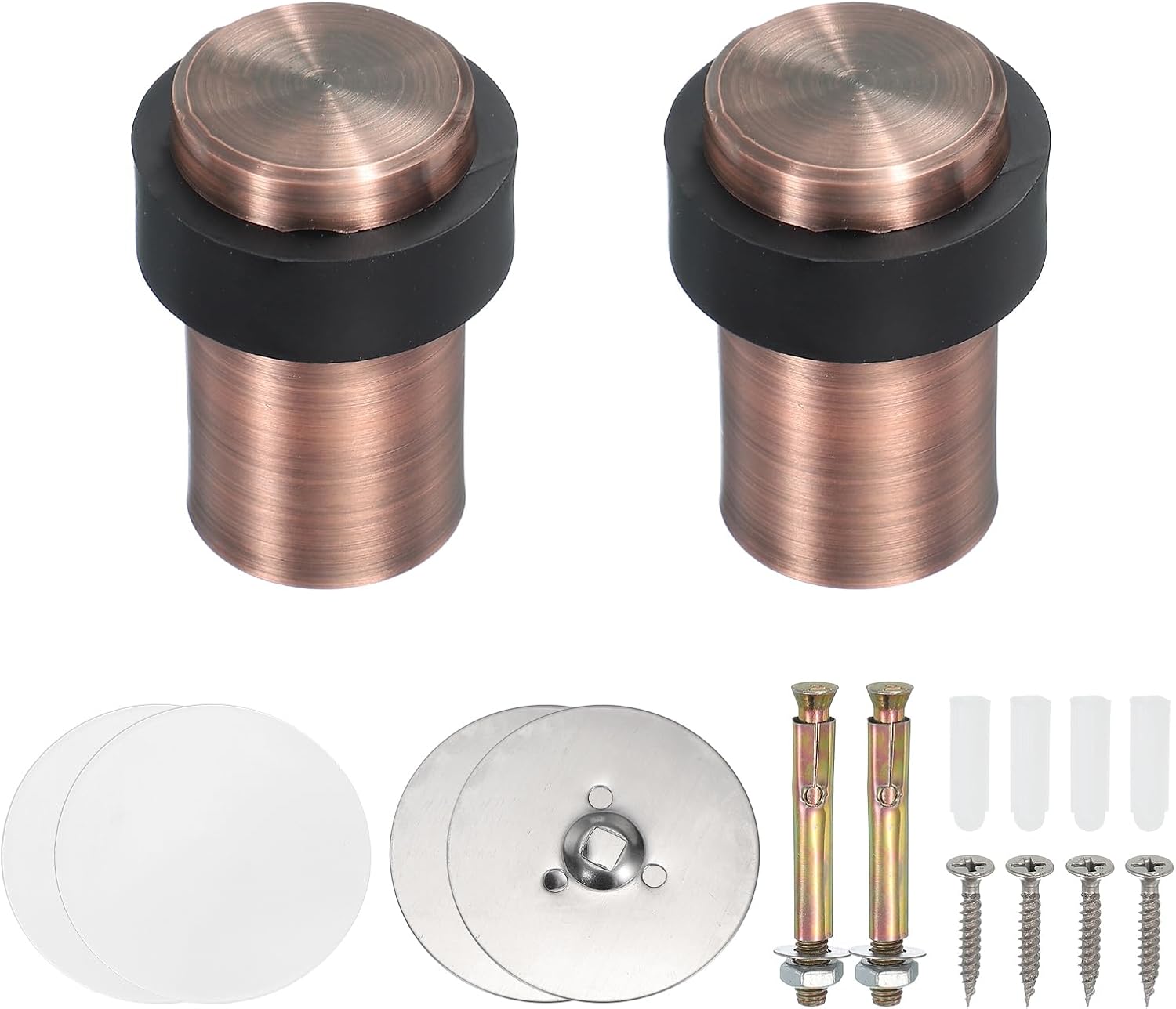 PATIKIL 2Set Round Door Stoppers, 60mm Stainless Steel Door Stop Doorstop Wedge Metal Cylinder Self Adhesive with Screw for Bottom of Door Floor Inside, Gold Tone