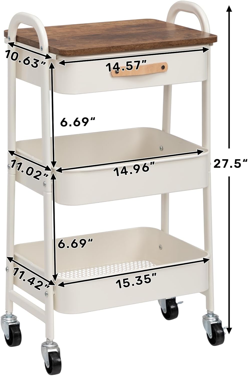 AGTEK Rolling Organizer Cart with Drawer, 3 Tier Movable Metal Utility Cart with Drawer, Mobile Trolley Cart for Home & Office, White