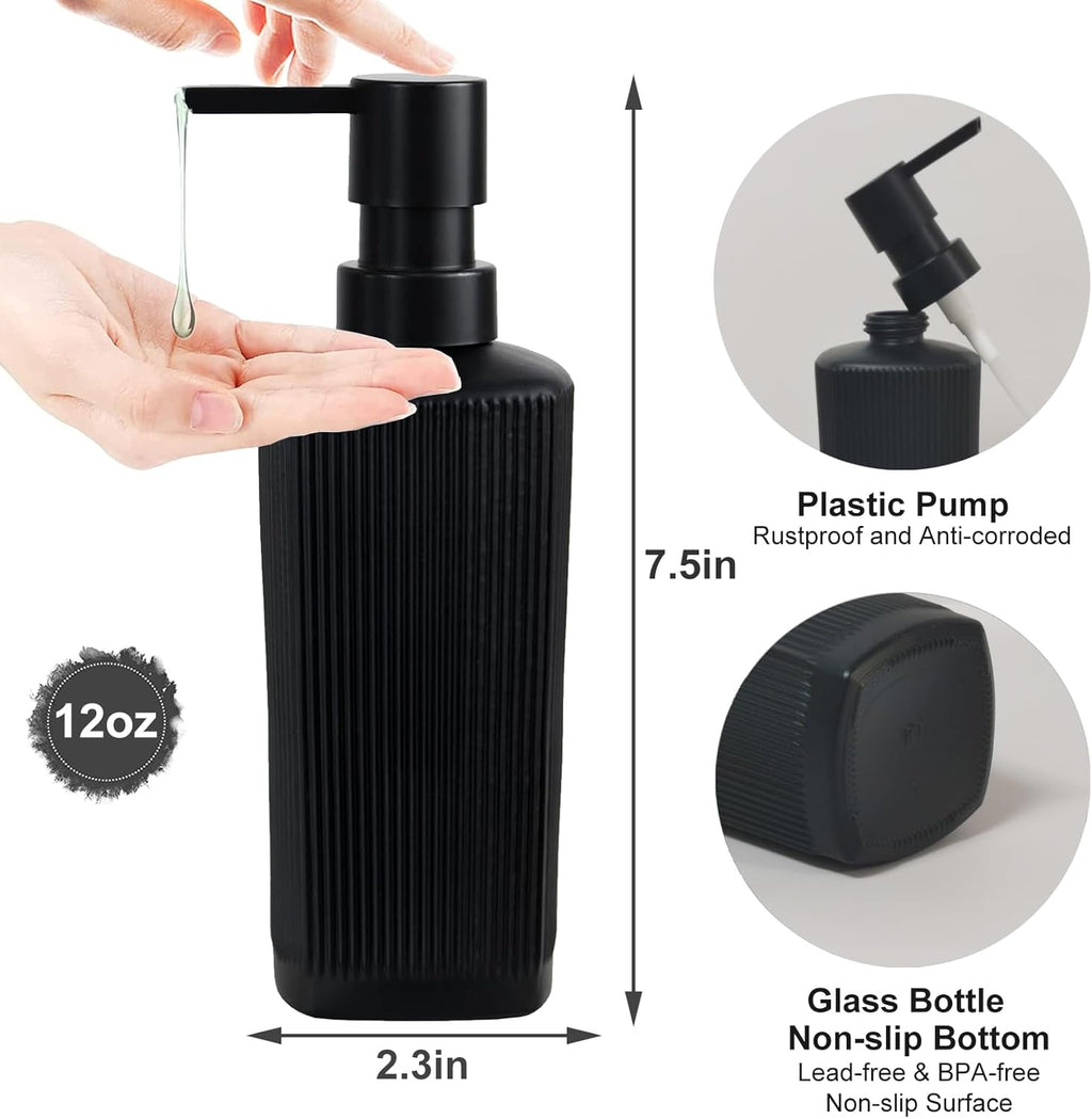 Black Pump Glass Soap Dispenser, 12oz Stripe Countertop Refillable Liquid Bottle, Hand Dish Lotion Dispenser with Plastic Pump, for Kitchen, Bathroom