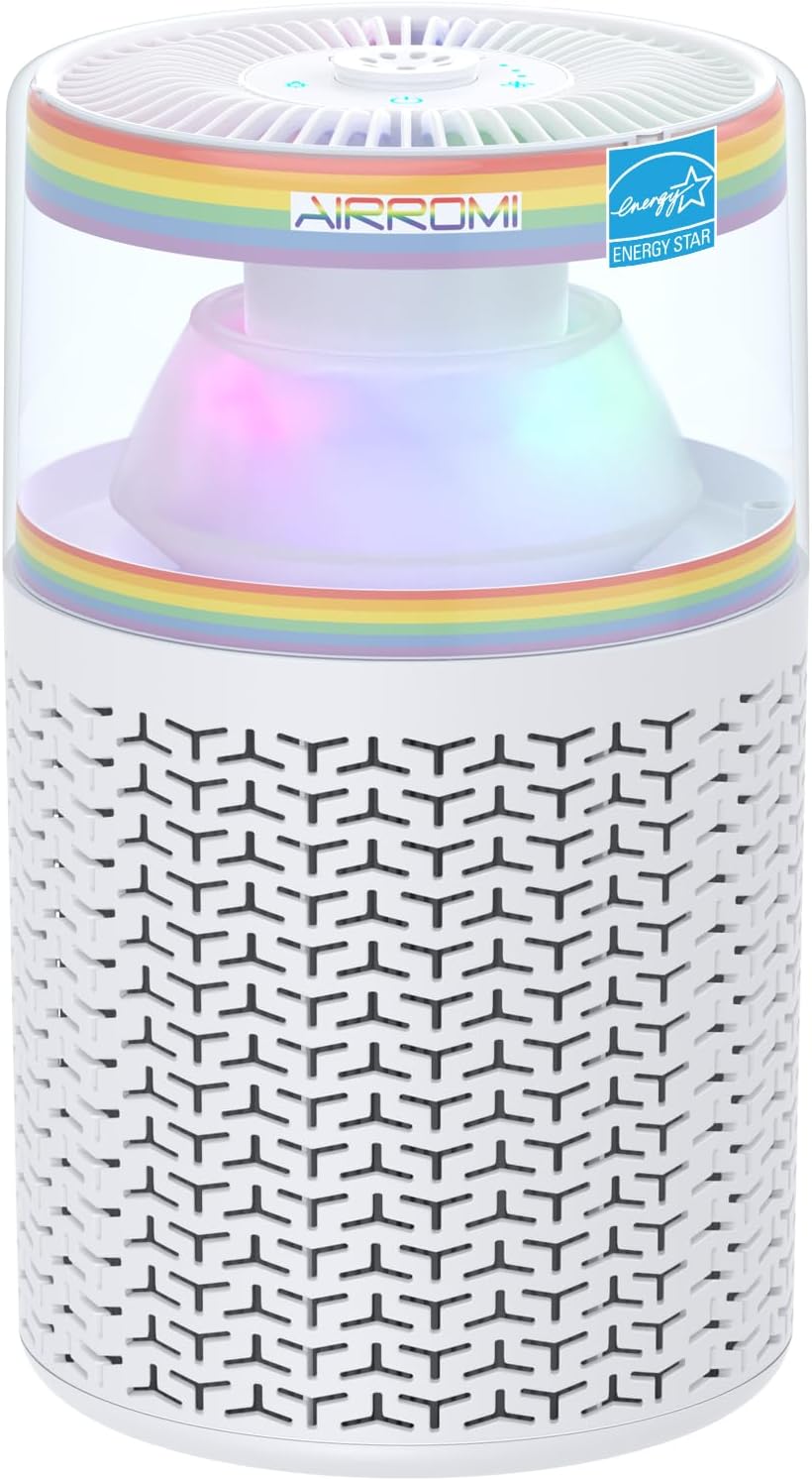 AIRROMI Air Purifiers for Bedroom Home,Up to 658 Ft²,Activated Carbon Filter Cleaner,With Fragrance Sponge for Better Sleep,Night Light,Pet Dander,Allergies,Smoke,Odor,Desktop Air Cleaner A2002Rainbow