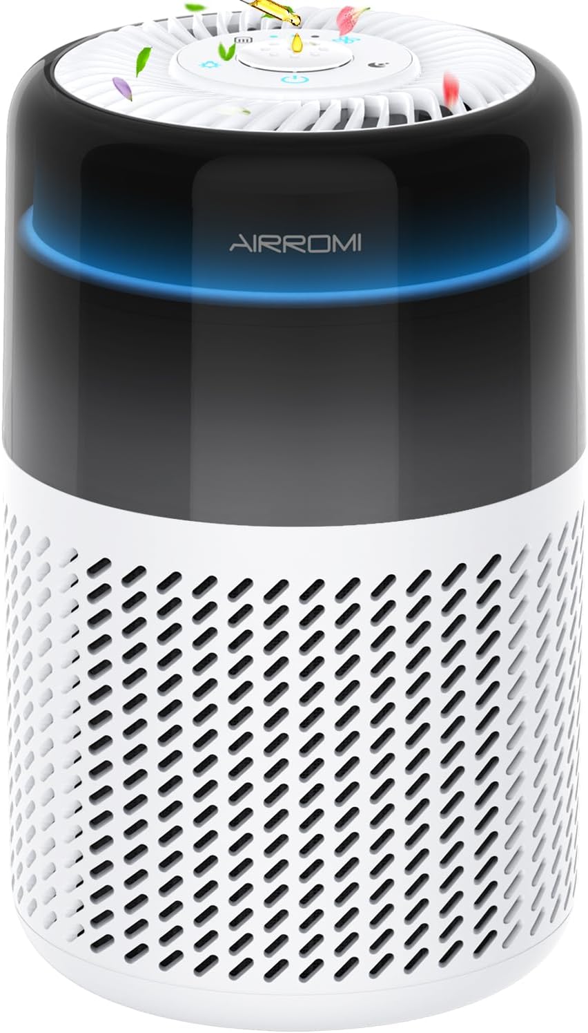 AIRROMI Air Purifier for Bedroom Home,HEPA Filter,Covers Upto 549 Ft²,Quiet 360°intake Air Cleaner with Fragrance ponge for Better Sleep,Night Light,Filters Smoke,Pet Dander,Allergies,Dust,A2005 White