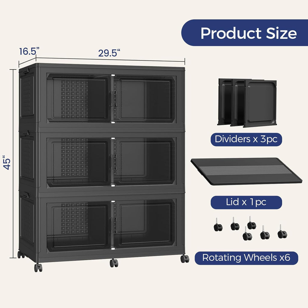 120GAL Storage Bins with Lid and Wheels, Stackable Closet Organizers and Storage Drawer, Collapsible Storage Box with Dividers, Foldable Plastic Cabinets Cubes Totes for Garage, 3 Pack Black