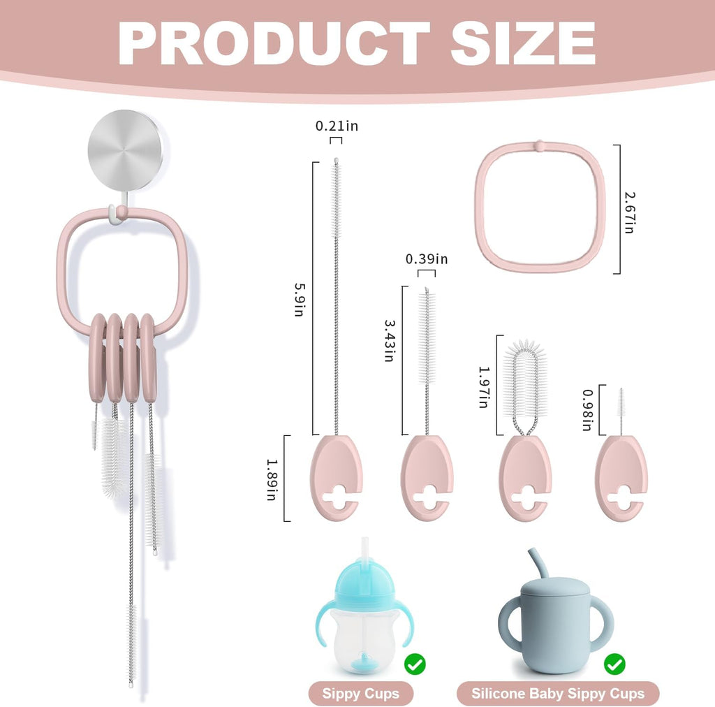 YOTIME Standing Straw Cleaner Brush Set, 4in1 Reusable Straw Brushes with Holder Ring, for Baby Bottles, Sippy Cups and Lids, Pink
