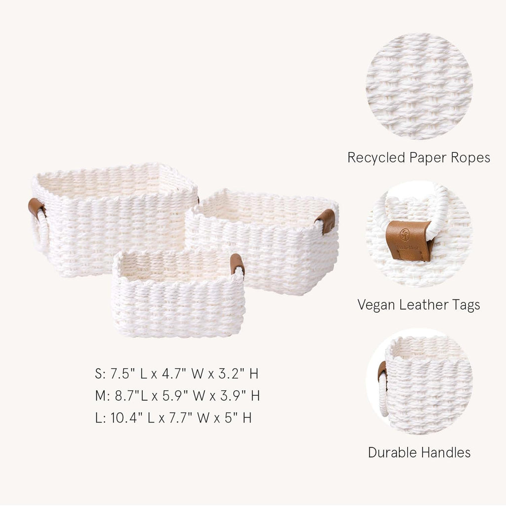 LA JOLIE MUSE Woven Storage Baskets for Organizing, Recycled Paper Rope Basket Bin Divider for Makeup Towel Shelf Cupboards Drawer Closet Dresser, Decorative White Storage Basket Set of 3