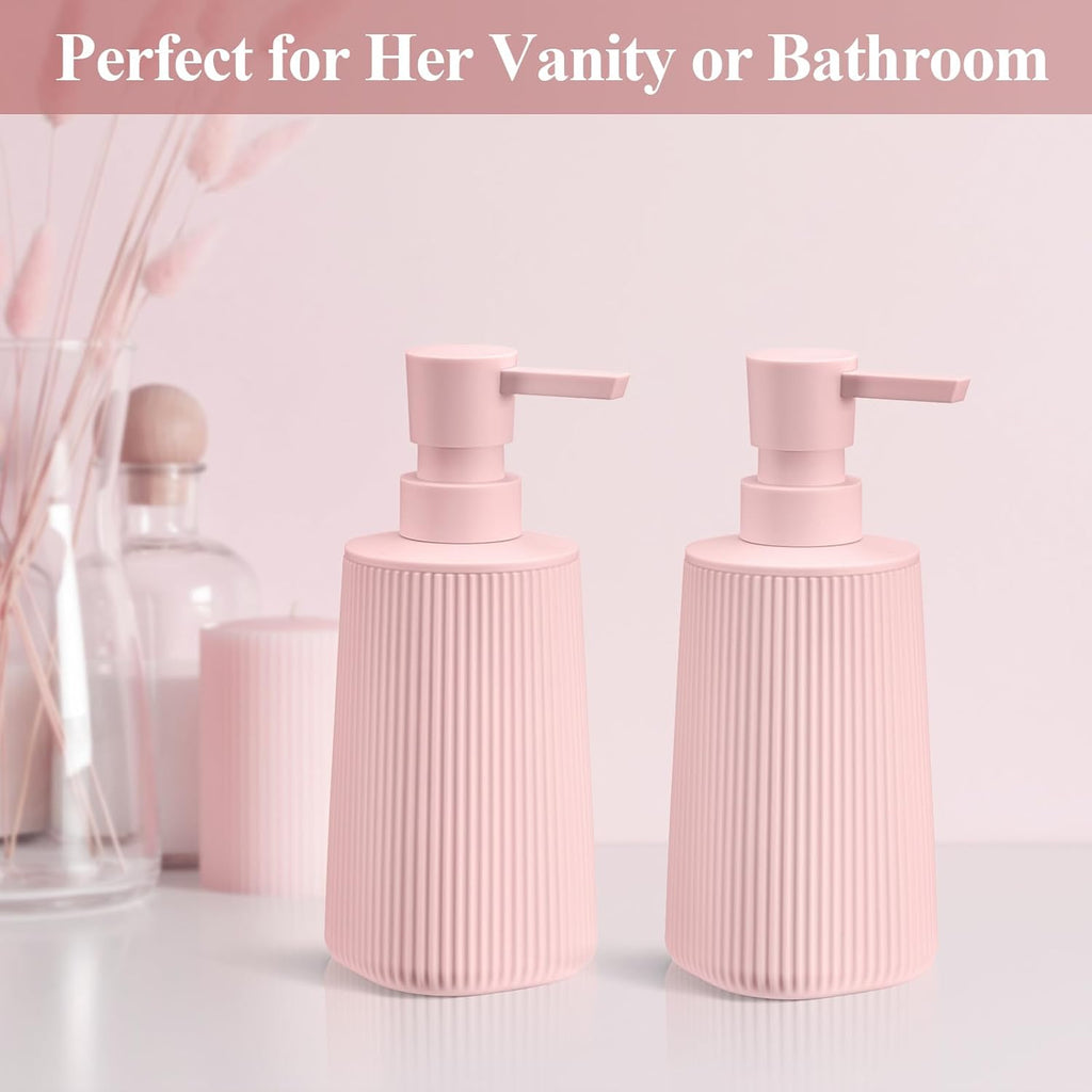 Pink 2 Pack Hand Soap Dispensers with No Rust Pump for Bathroom Kitchen or Vanity Countertops Refillable Striped Matte Plastic 8.5 oz Cute Design for Girls Room Decor