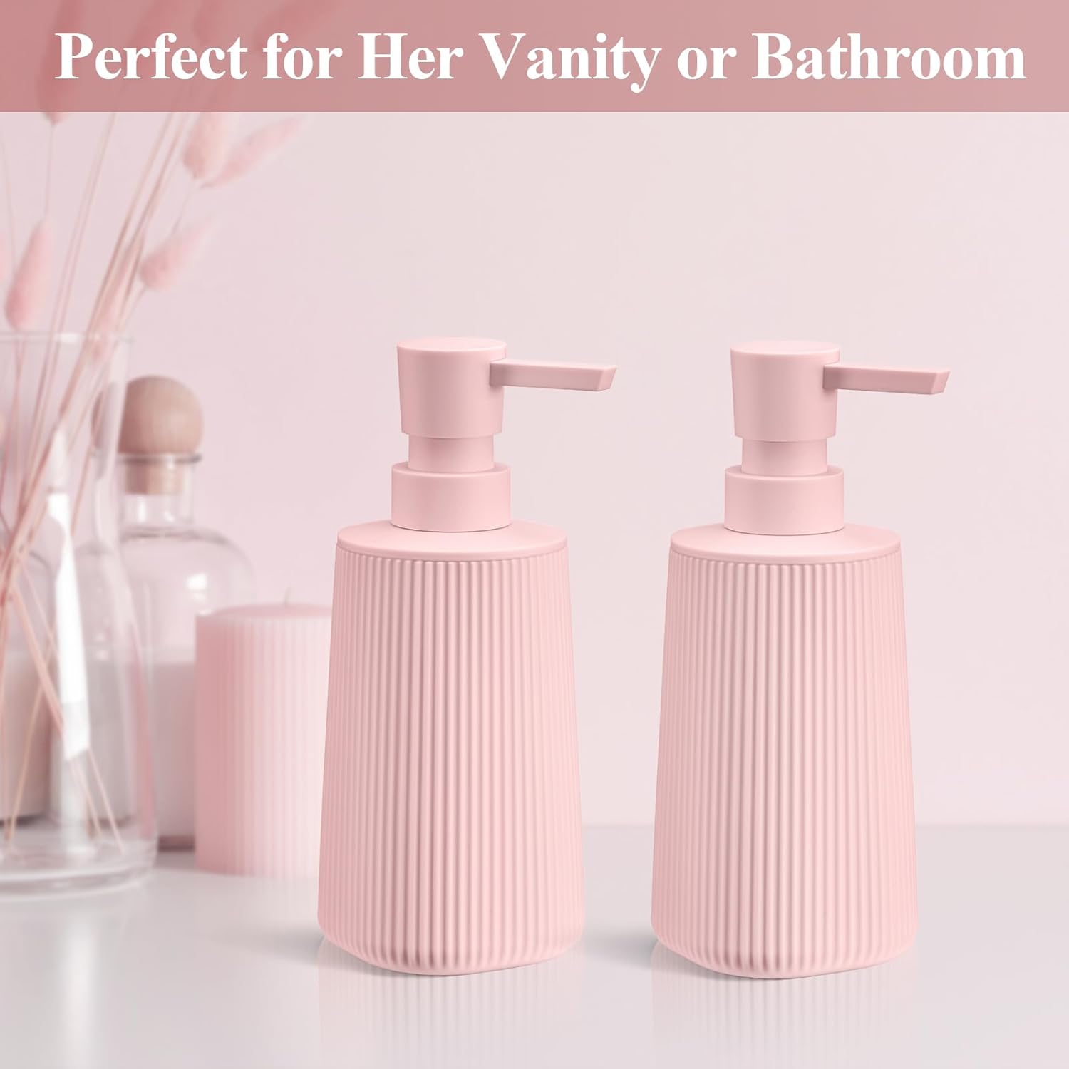 Pink 2 Pack Hand Soap Dispensers with No Rust Pump for Bathroom Kitchen or Vanity Countertops Refillable Striped Matte Plastic 8.5 oz Cute Design for Girls Room Decor