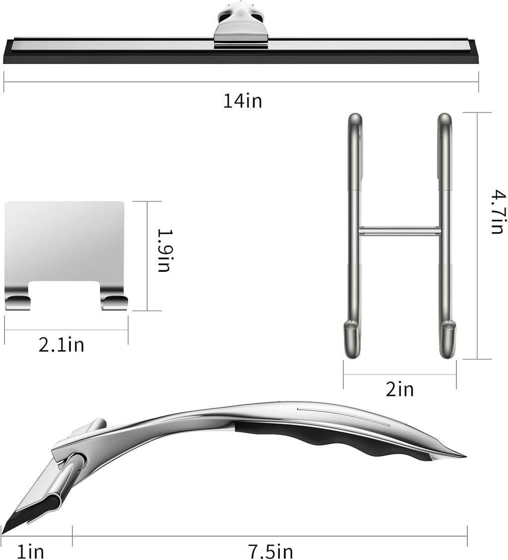 14-Inches Stainless Steel Shower Squeegee Set, Include Shower Door Hook, Adhesive Hook and Spare Silicone Blade, Window Squeegee for Shower Glass Door, Bathroom, Mirror, Window and Car Glass