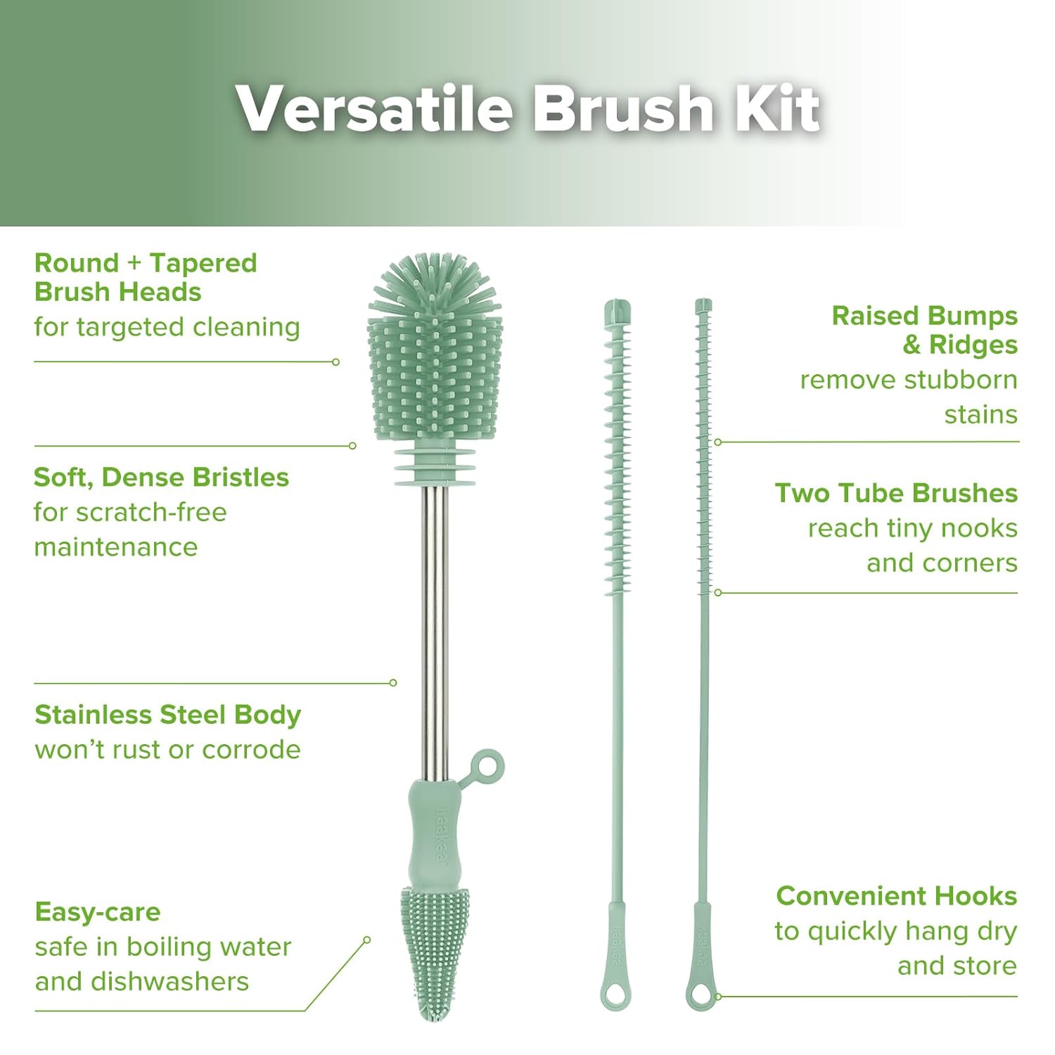 haakaa Silicone Cleaning Brush Kit - Baby Bottle Brush Cleaner for Breast Pump,Nipple,Breast Milk Storage Bag,Reusable Straw,Sippy Cup - Food Grade Silicone Bristles, Portable - 3 Pcs - Pea Green