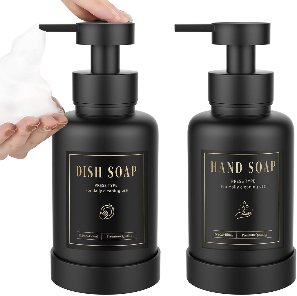 Luxspire Foaming Soap Dispenser, Glass Foam Pump Soap Dispenser, Non-Slip Hand Soap Container with 5 Waterproof Labels, 15 Oz Refillable Liquid Soap Holder for Bathroom & Kitchen, Black, 2 Pack