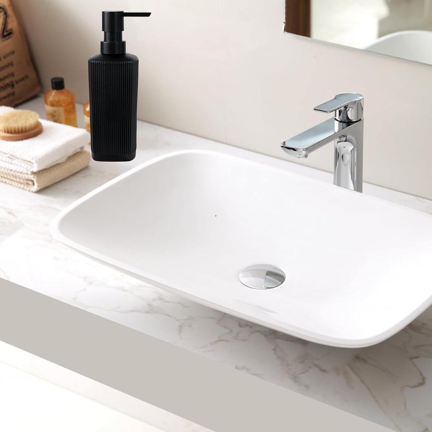 Black Pump Glass Soap Dispenser, 12oz Stripe Countertop Refillable Liquid Bottle, Hand Dish Lotion Dispenser with Plastic Pump, for Kitchen, Bathroom