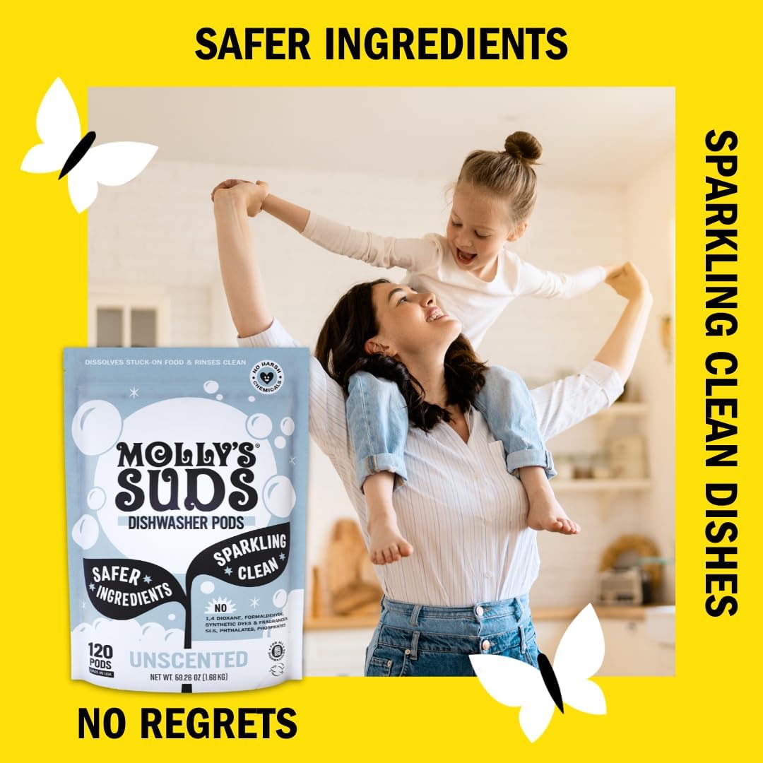 Molly's Suds Dishwasher Pods | Clean Dishwasher Detergent, Cuts Grease & Rinses Clean (Residue-Free) for Sparkling Dishes | 120 Auto-Release Tabs (Unscented)