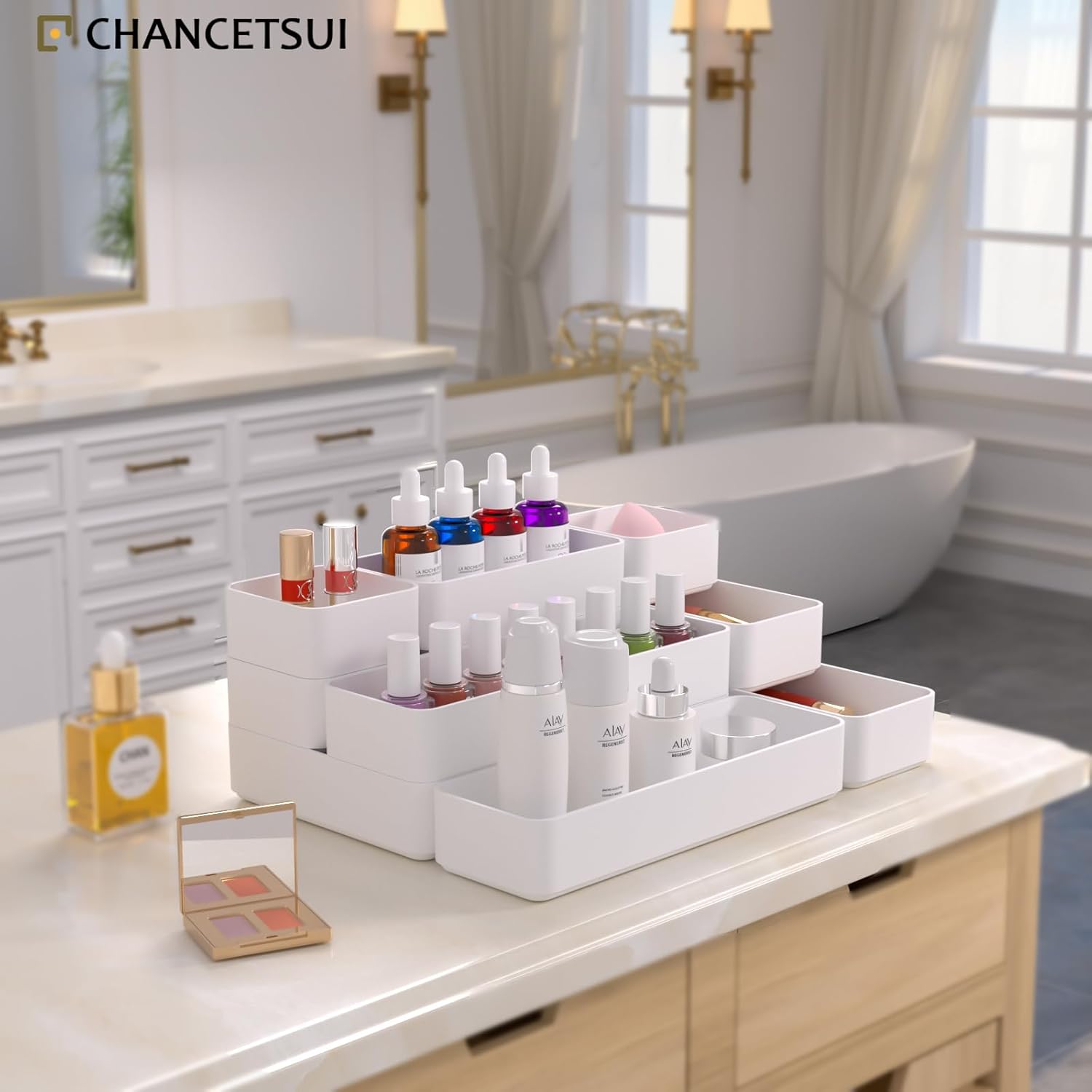 9 Pcs Stackable Drawer Organizer Trays Set, Multifunctional Stackable Storage Trays for Vanity, Bathroom, Kitchen, Desk Drawer Organizer Office. Plastic Drawer Organizers Available In 5 Colours, White