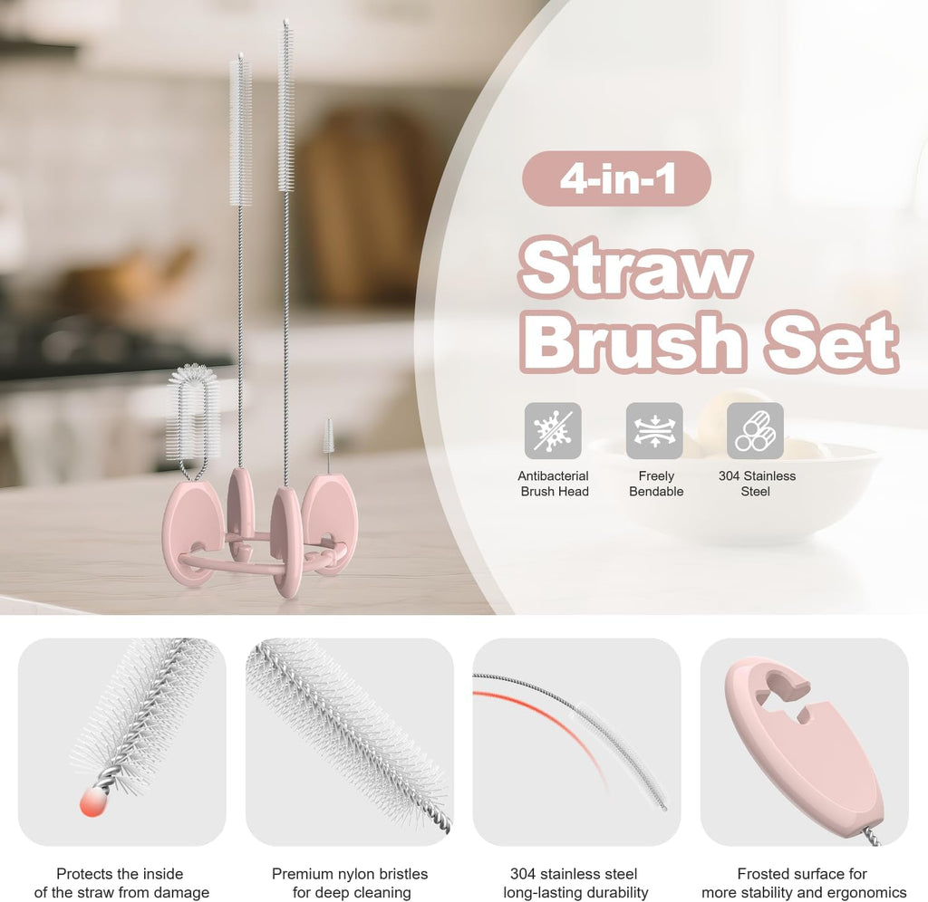 YOTIME Standing Straw Cleaner Brush Set, 4in1 Reusable Straw Brushes with Holder Ring, for Wide and Narrow Straws, Tumblers, Water Bottles and Cups, Pink