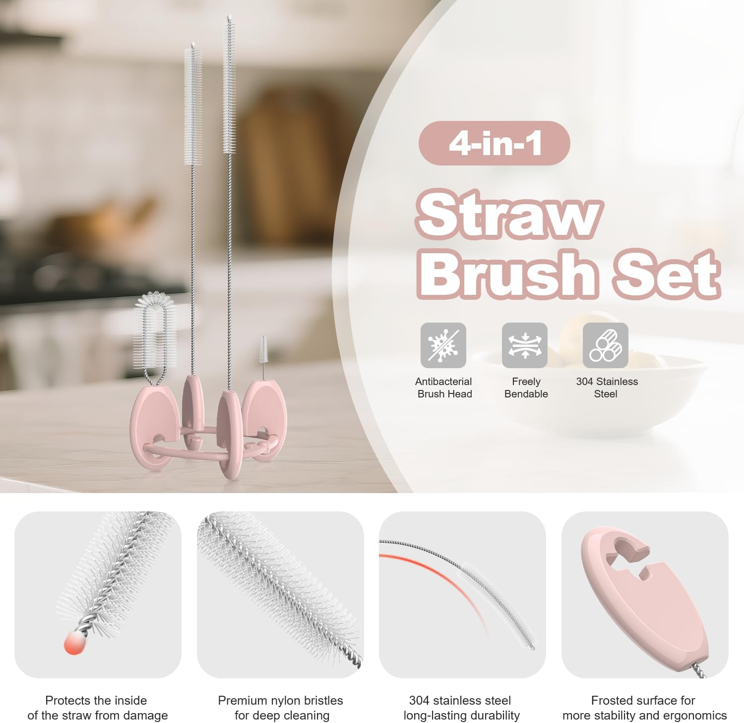 YOTIME Standing Straw Cleaner Brush Set, 4in1 Reusable Straw Brushes with Holder Ring, for Wide and Narrow Straws, Tumblers, Water Bottles and Cups, Pink
