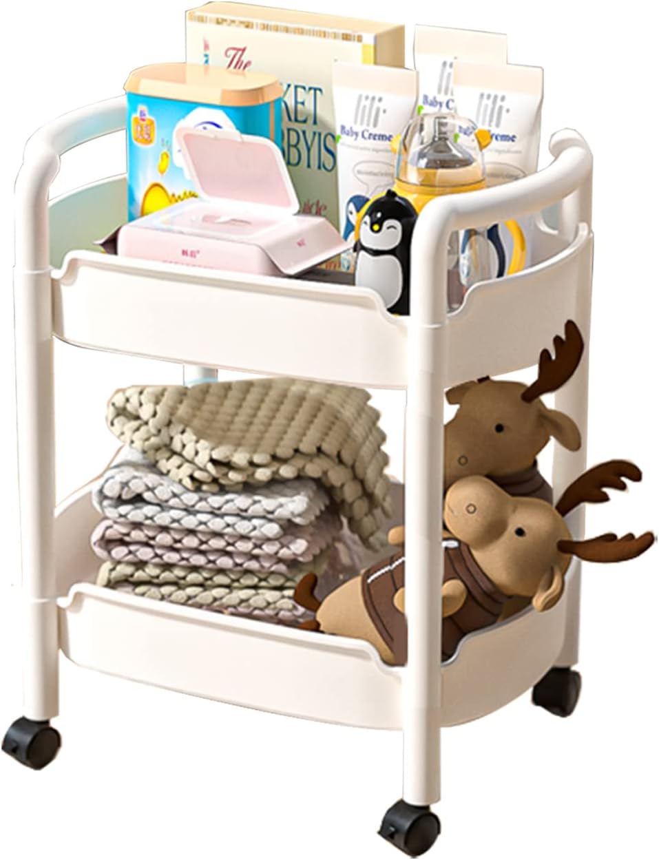 2-Tier Plastic Rolling Utility Cart with Handle Tower Rack Snack Cart with Wheels Multi-Functional Storage Trolley for Kitchen Bathroom Laundry Home Office Living Room Organization, White