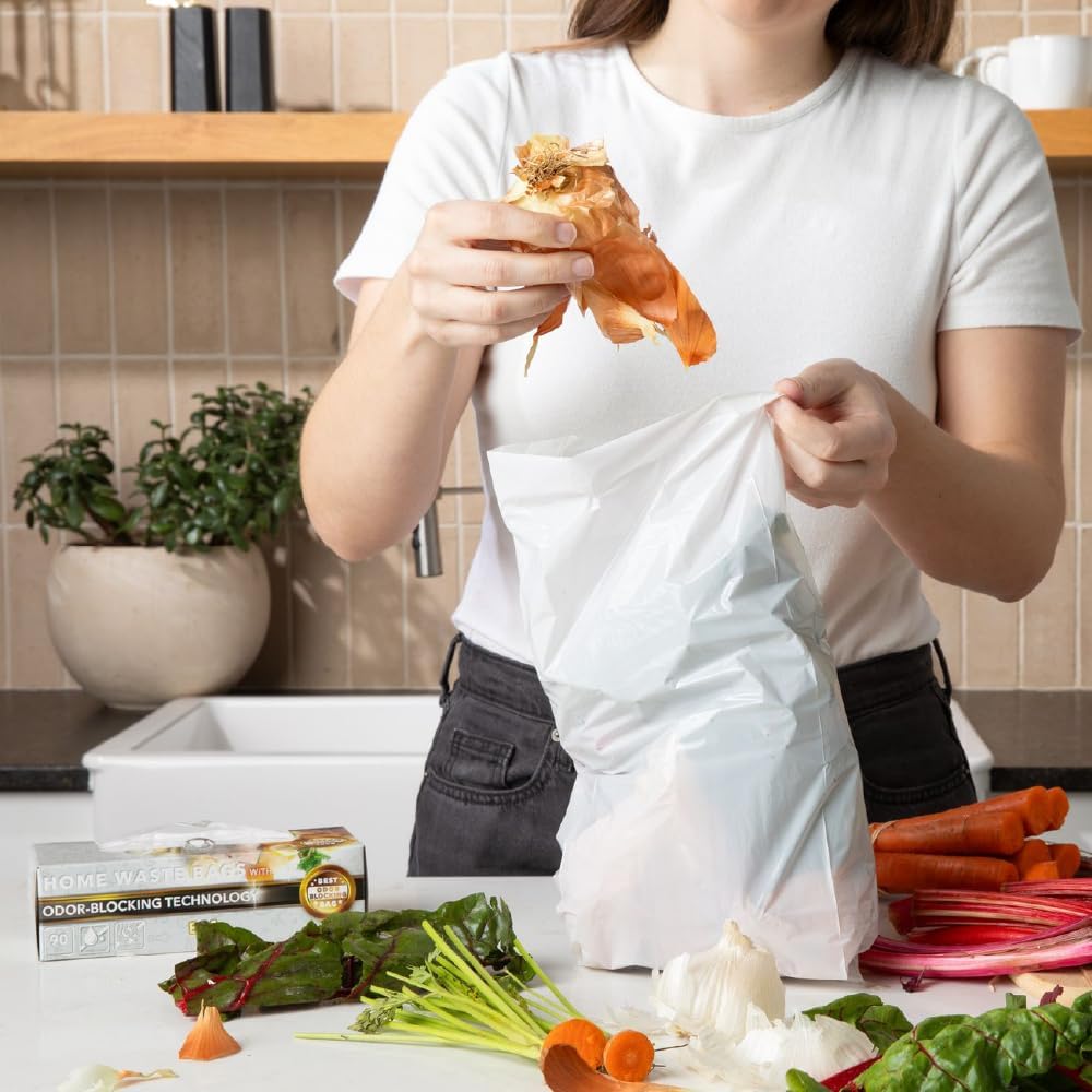 BOS Odor-Sealing Kitchen, Home & Food Small Trash Bags for Waste- Disposable Bags - Scent & Smell Free [Size S, Color White] (90 count, Pack of 2) (180 Bags)★Brand-new packaging!