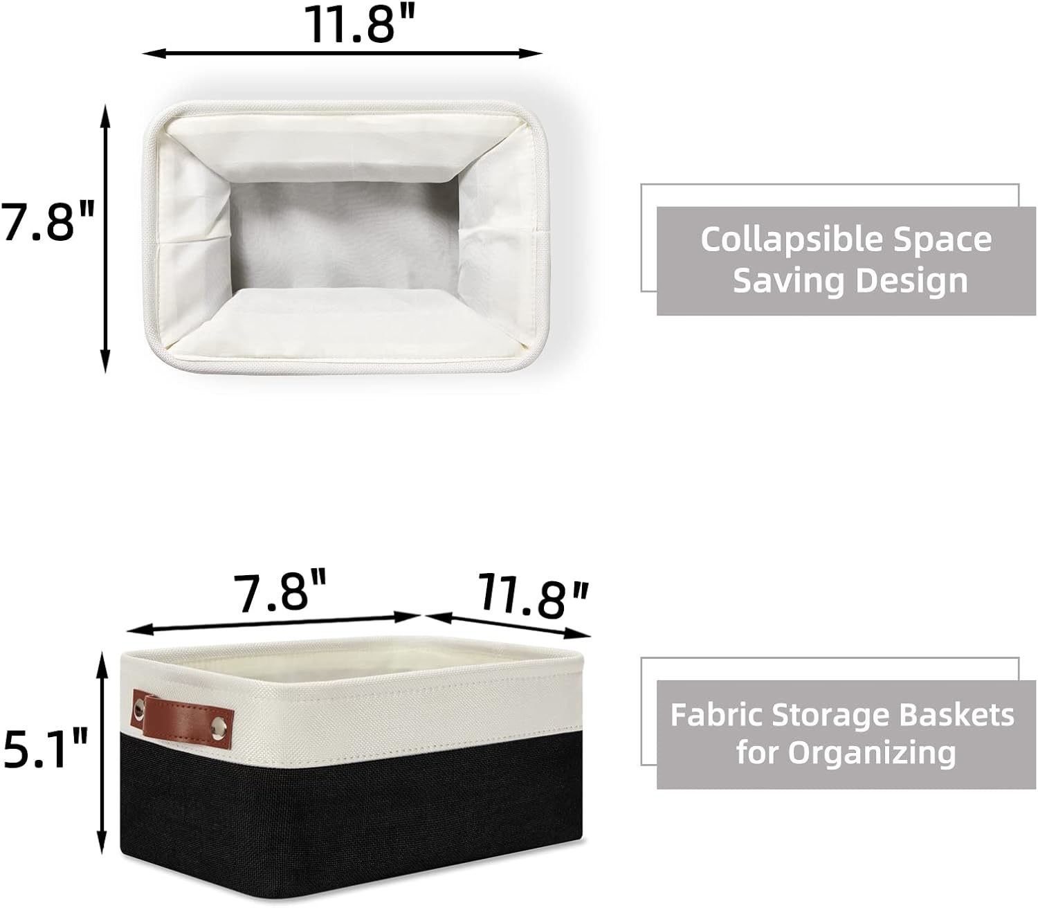 HNZIGE Small Storage Baskets (6 Pack) - Fabric Bins with Leather Handles, Foldable for Organizing (Black&White, 11.8" x 7.8" x 5.1")
