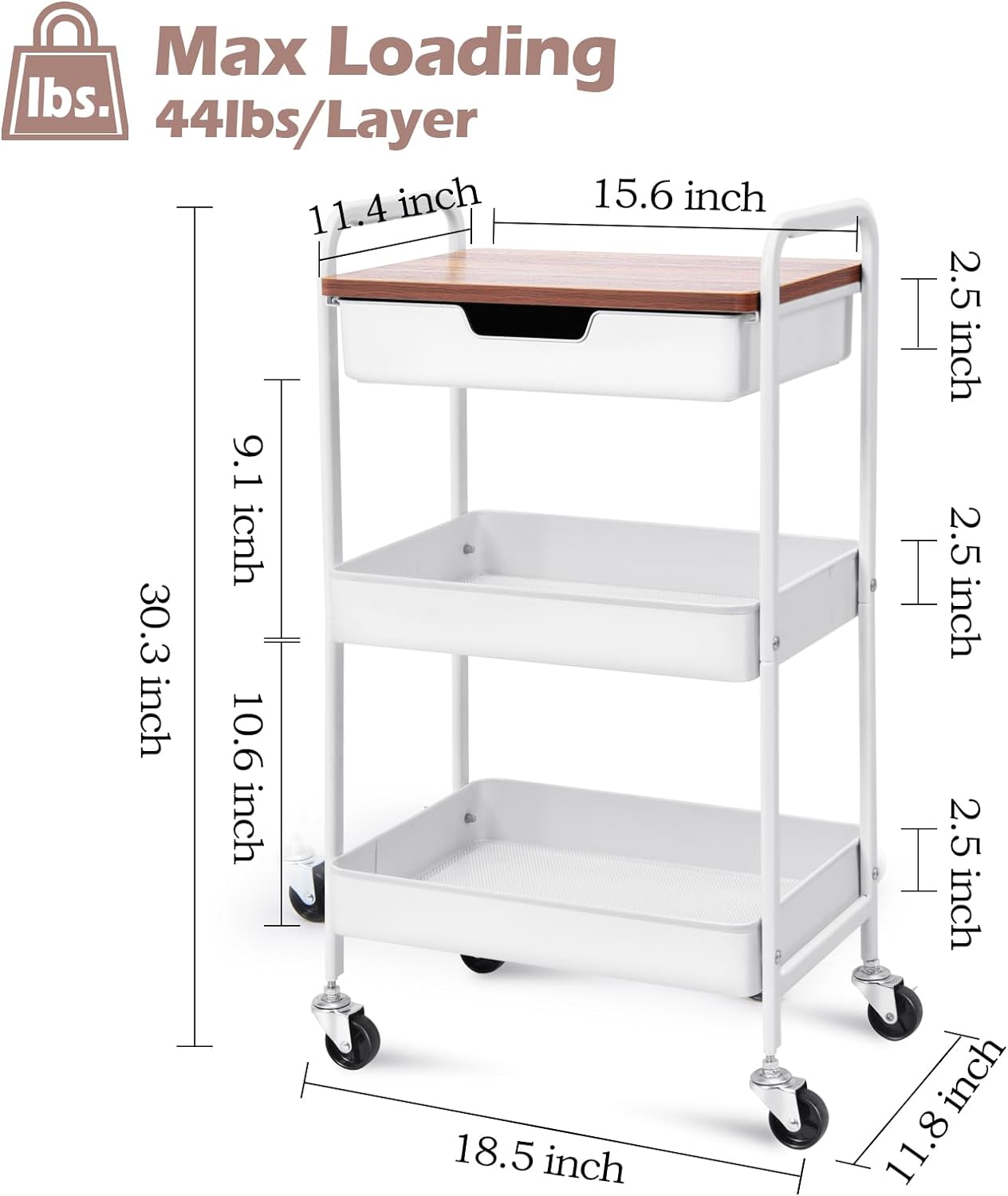 TOOLF 3-Tier Metal Utility Rolling Cart with Drawer & Wooden Table Top, Storage Cart White Trolley Kitchen Organizer Rolling Desk with Locking Wheels for Office, Classroom, Dorm, Bedroom