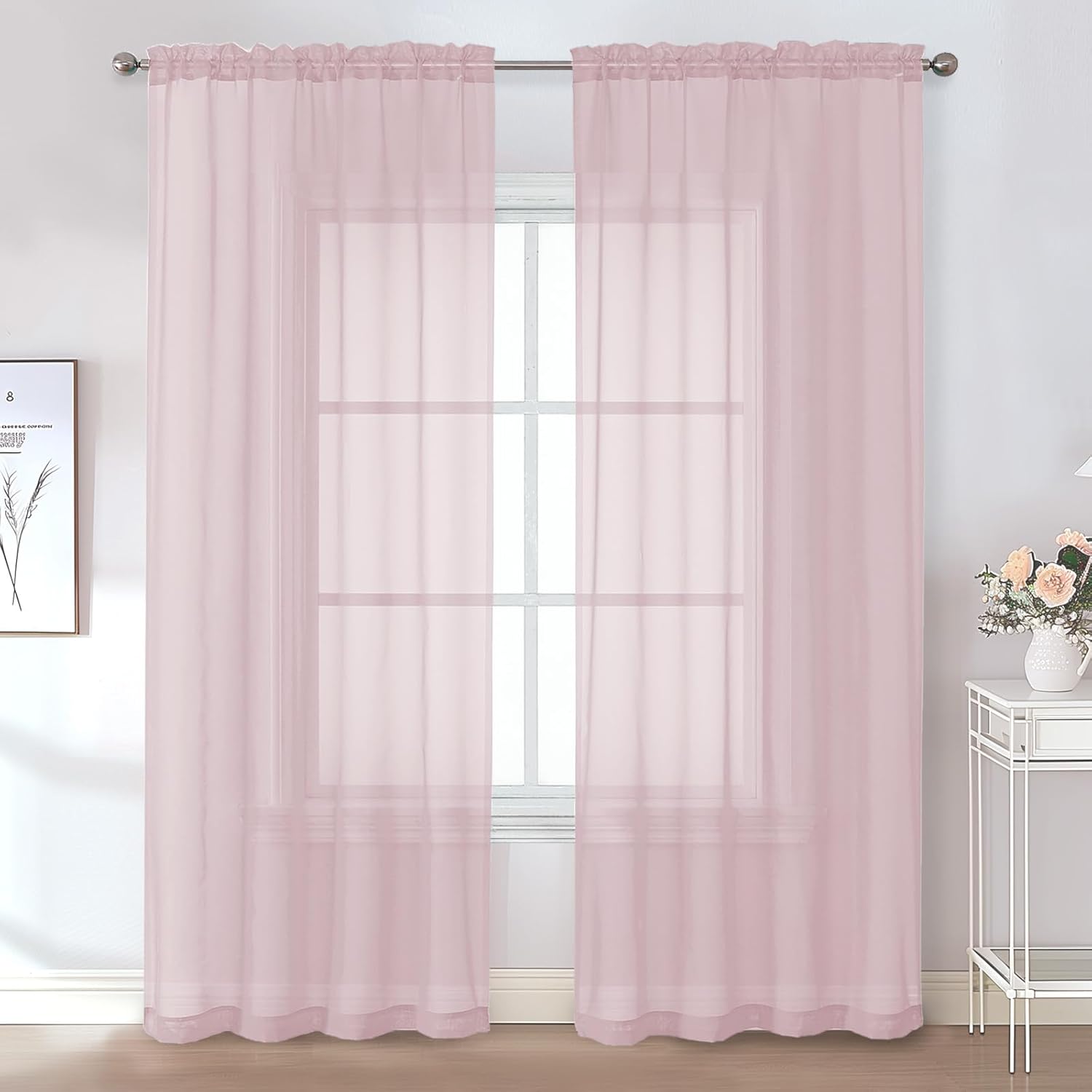 Chyhomenyc Blush Pink Sheer Curtains 84 Inches Long 2 Panels Set - Light Filtering Pink Curtains for Living Room, Soft Rod Pocket Bedroom Window Drapes, 42Wx84L inch, 2PCS