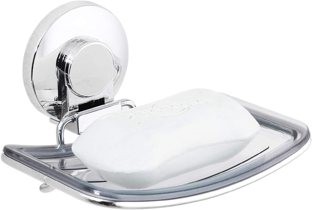 LEVERLOC Chrome Suction Cup Soap Dish Holder for Shower Wall Drill-Free Rustproof Waterproof Wall Mount Strong Suction Removable Bar Soap Sponge Holder for Bathroom Bathtub Kitchen