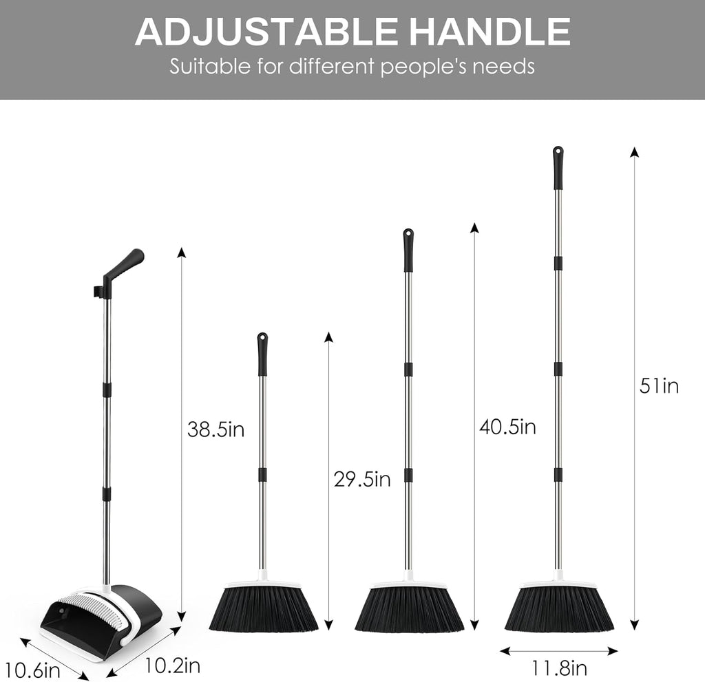 Broom and Dustpan Set for Home, 51-in Long Adjustable Handle Angle Broom and Dustpan Combo Set with Dust Pan Teeth to Clean Hair for Home Kitchen Office Lobby Floor Garden (Black&White)