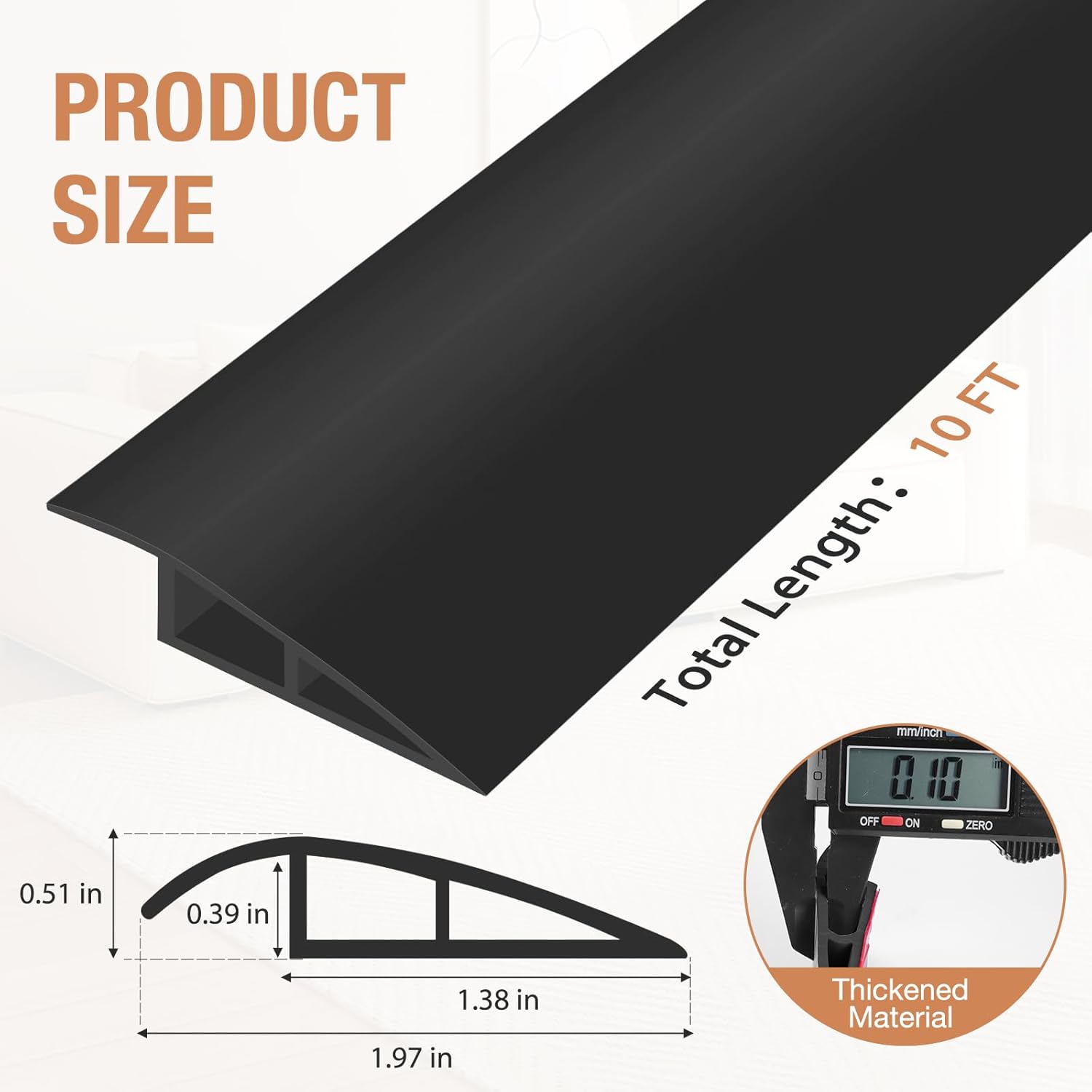 Floor Transition Strip Self Adhesive Vinyl Door Threshold for Doorways Carpet Edging Trim Overlap Edge Reducer for Laminate Floor, Carpet, Tile (Black, 1/5" to 2/5", 10Ft)