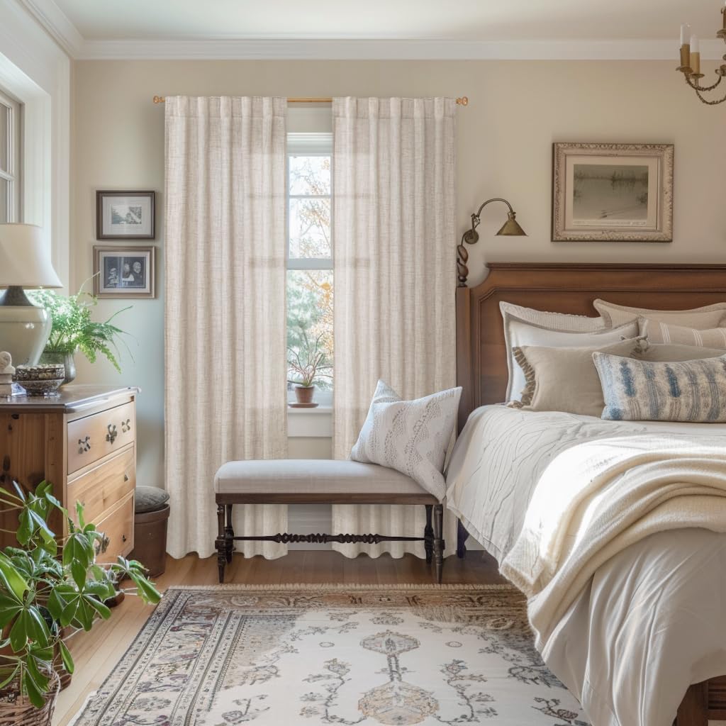 YoungsTex Natural Linen Curtains 84 Inches for Living Room Back Tab and Rod Pocket Textured Window Drapes for Bedroom Dining Farmhouse Light Filtering, 42 X 84 Inch, 2 Panels