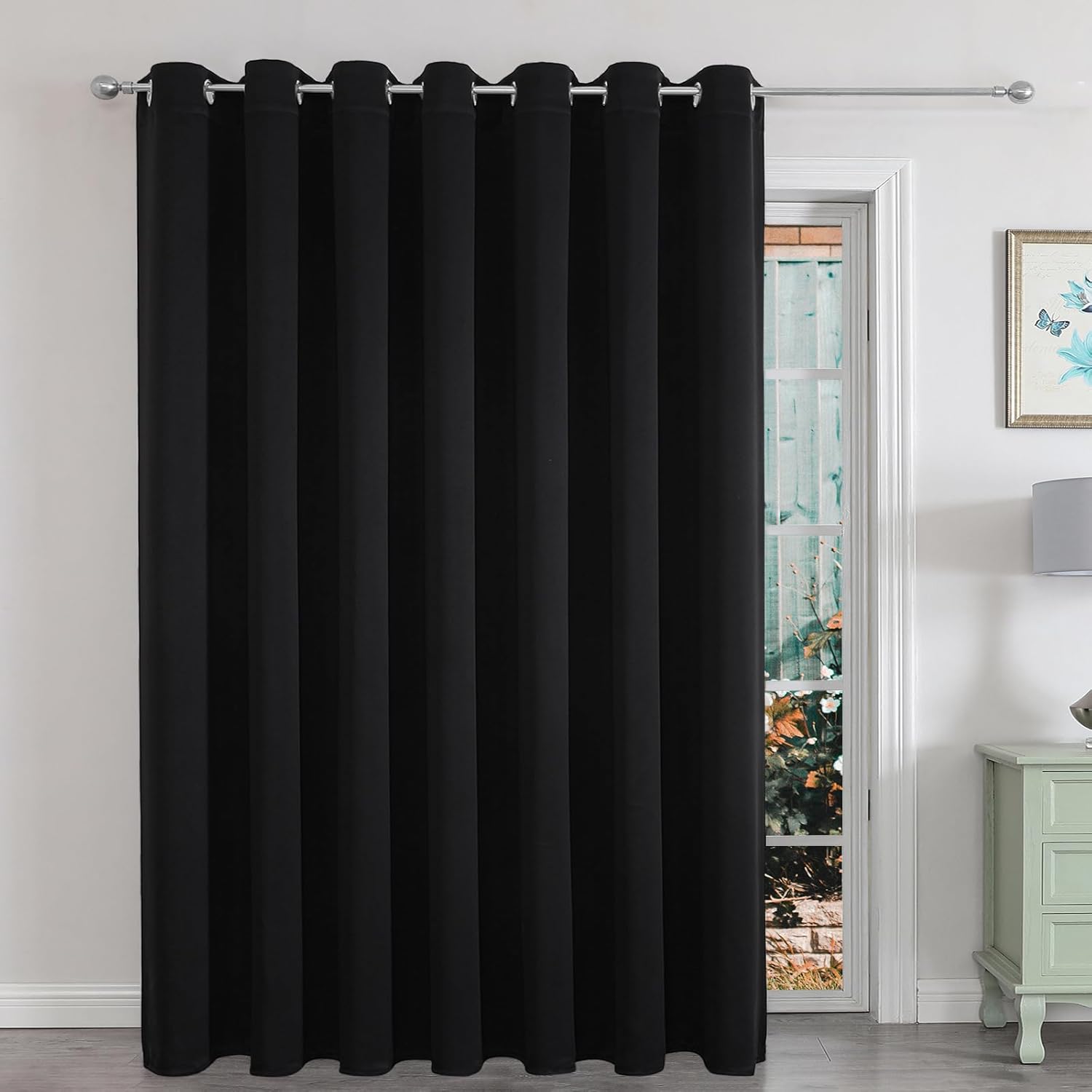 Joydeco Blackout Patio Sliding Door Curtains 84 Inches Long, Grommet Privacy Room Divider Curtains, Extra Wide Thermal Blackout Drapes for Bedroom Living Room (Black, 100Wx84L, 1 Panel)