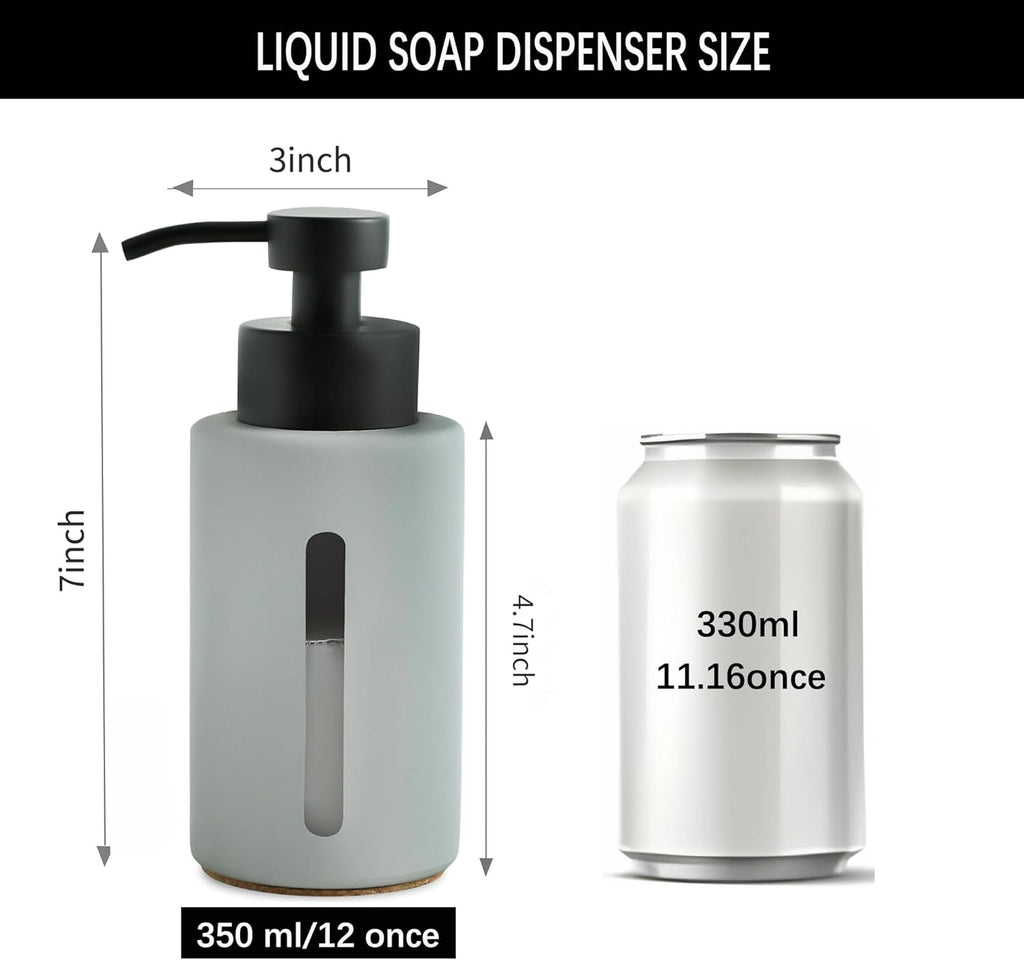 Enra Glass Dish Soap Dispenser with Window,12oz Light Gray Soap Dispenser with Stainless Steel Hand Lotion Pump,Refillable Bathroom Soap Dispenser for Bathroom Kitchen(Light Gray/Liquid Type)