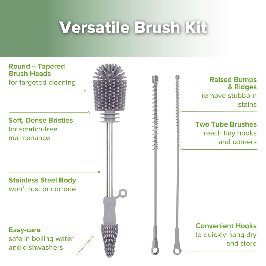 haakaa Silicone Cleaning Brush Kit - SUVA Grey - Bottle Brush for Breast Pumps, Breast Milk Collector, Baby Bottles, Nipples, Breastmilk Storage Bags