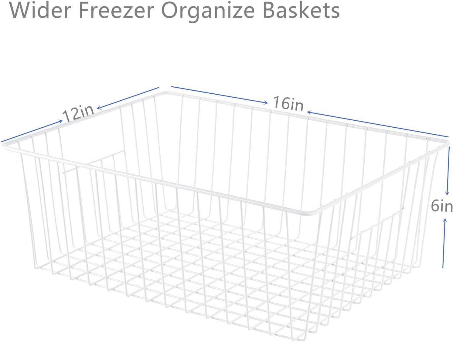 16" L x 12" W Wider Freezer Storage Organizer Baskets Container, Deep Metal Wire Chest Upright Refrigerator Divider with Built-in Handles for Cabinet, Pantry, Closet, Kitchen