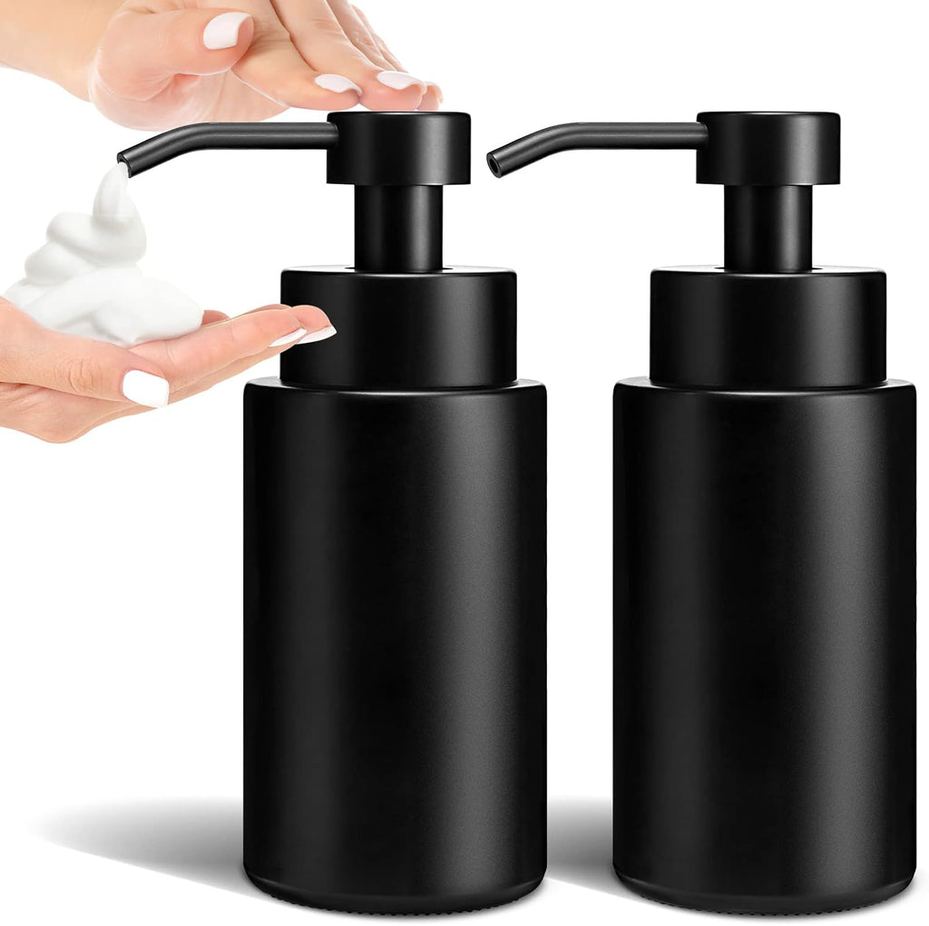 GMISUN Foaming Soap Dispenser, 10 Fl oz/300 ml Matte Black Glass Foaming Hand Soap Dispenser, 2Pcs Hand Soap Dispensers for Bathroom & Kitchen, Refillable Foam Soap Pump Bottle with Waterproof Labels