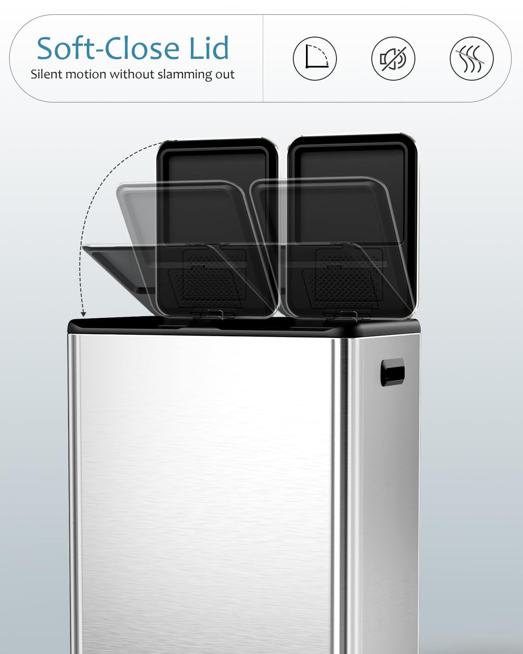 16 Gal (2 x 30 L) Dual Trash Can, Stainless Steel Kitchen Garbage Bin, Recycle Dustbin with Odor Control Box, Soft-Close Lid, Inner Buckets, Side Handle, Step Pedal, for Home Office