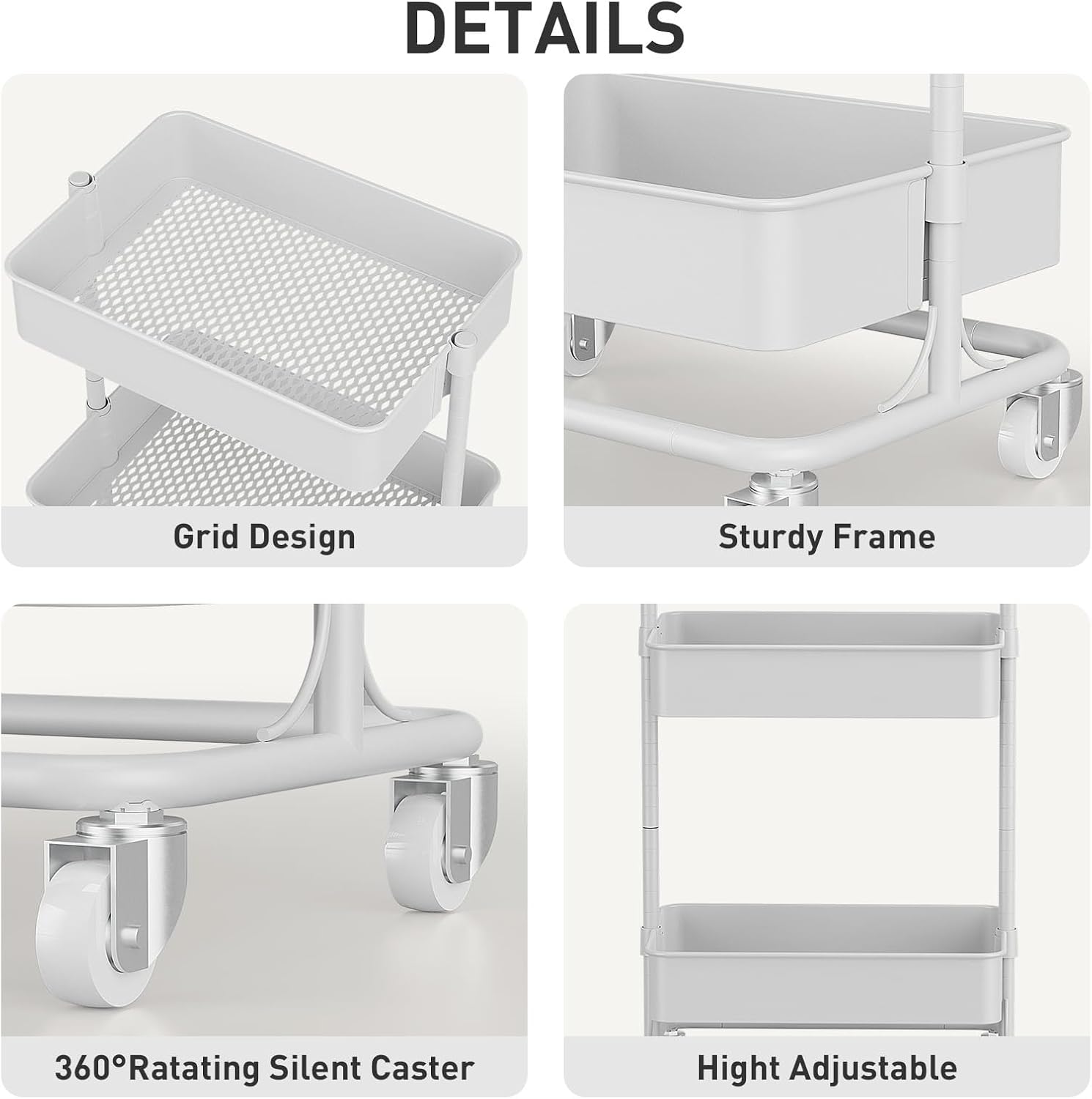 3-Tier Modern Metal Rolling Utility Cart with Silent Casters, 15.35x11.81x23.74 inch Heavy Duty Organizing Cart Trolley Organizer for Office, Living Room, Kitchen，(White)