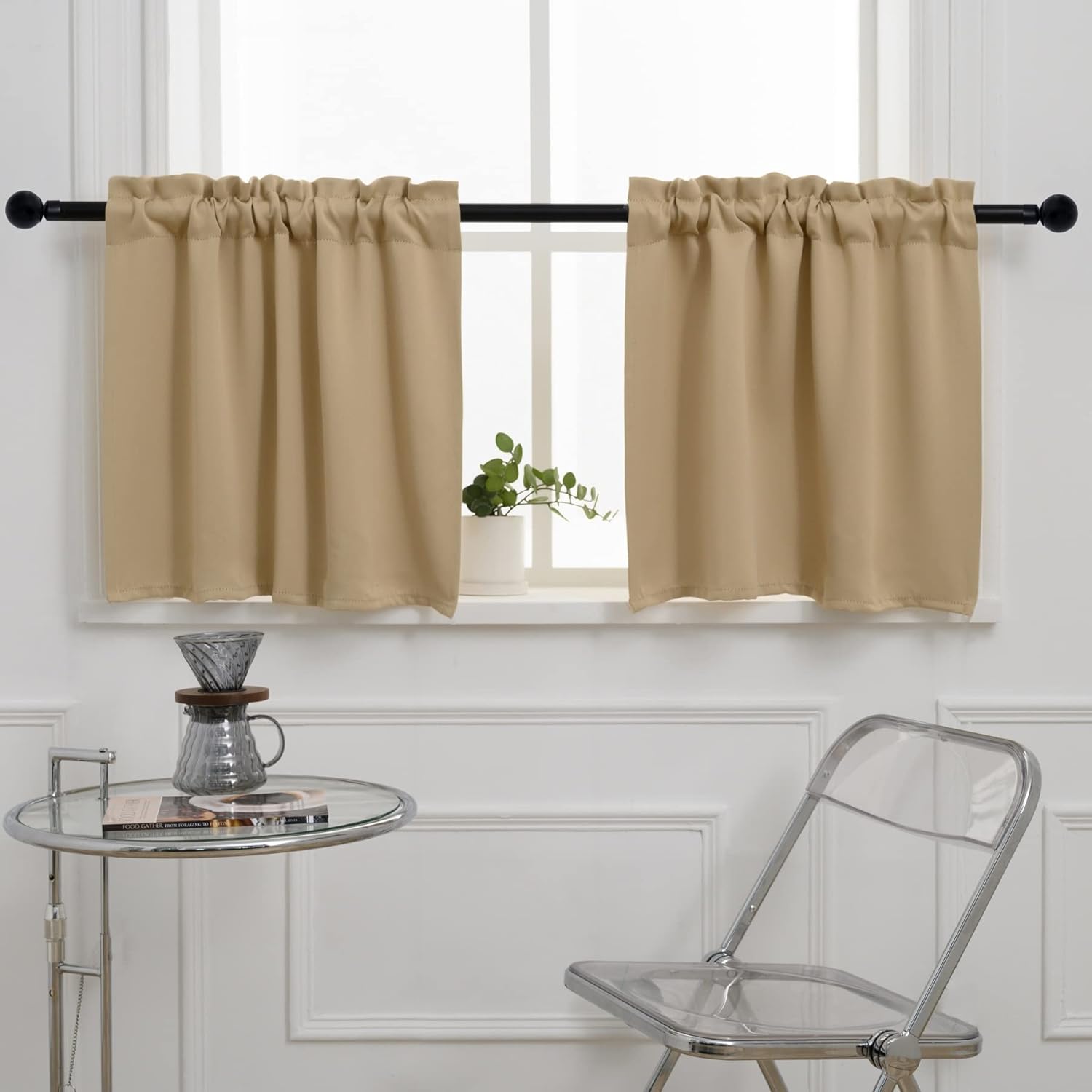 Pickluc Rod Pocket Tier Curtain - Half Blackout Curtain for Kitchen, Bathroom, Cabinet, Basement, 42 Inches Wide and 24 Inches Long, Beige, 2 Panels