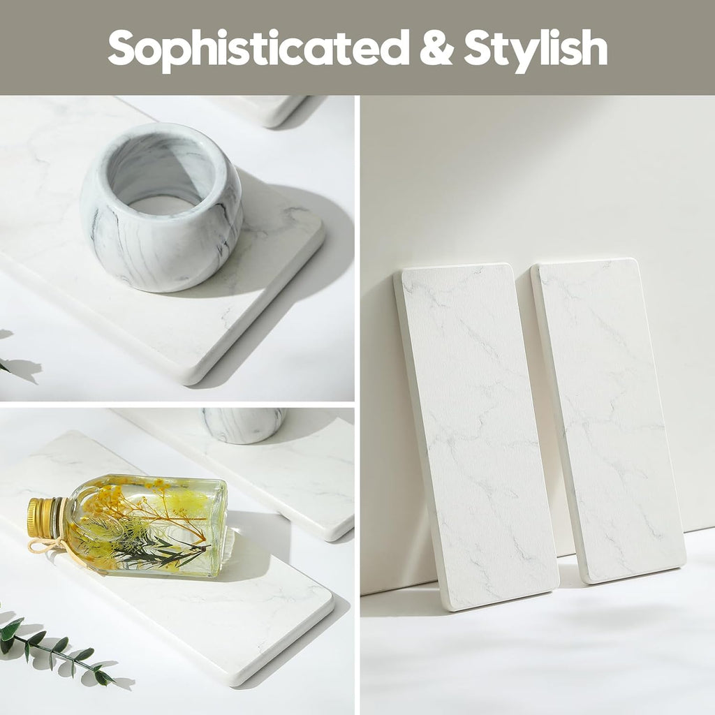 2PCS Diatomite Marble Tray Quick Drying Mat for Kitchen Counter, Water Absorbing Stone Vanity Caddy for Bathroom Sink,Faucet Splash Guard,Soap Dispenser Rack Sponge Holder Organizer, White, 9"x3.5"