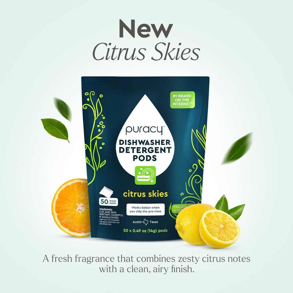 Puracy Dishwasher Pods, Natural Dishwasher Detergent, Citrus Skies Dish tabs - Enzyme-Powered, Spot & Residue Free - TikTok Trend Items, Must Haves from TikTok (Citrus Skies, 50 Count - 2 Pack)