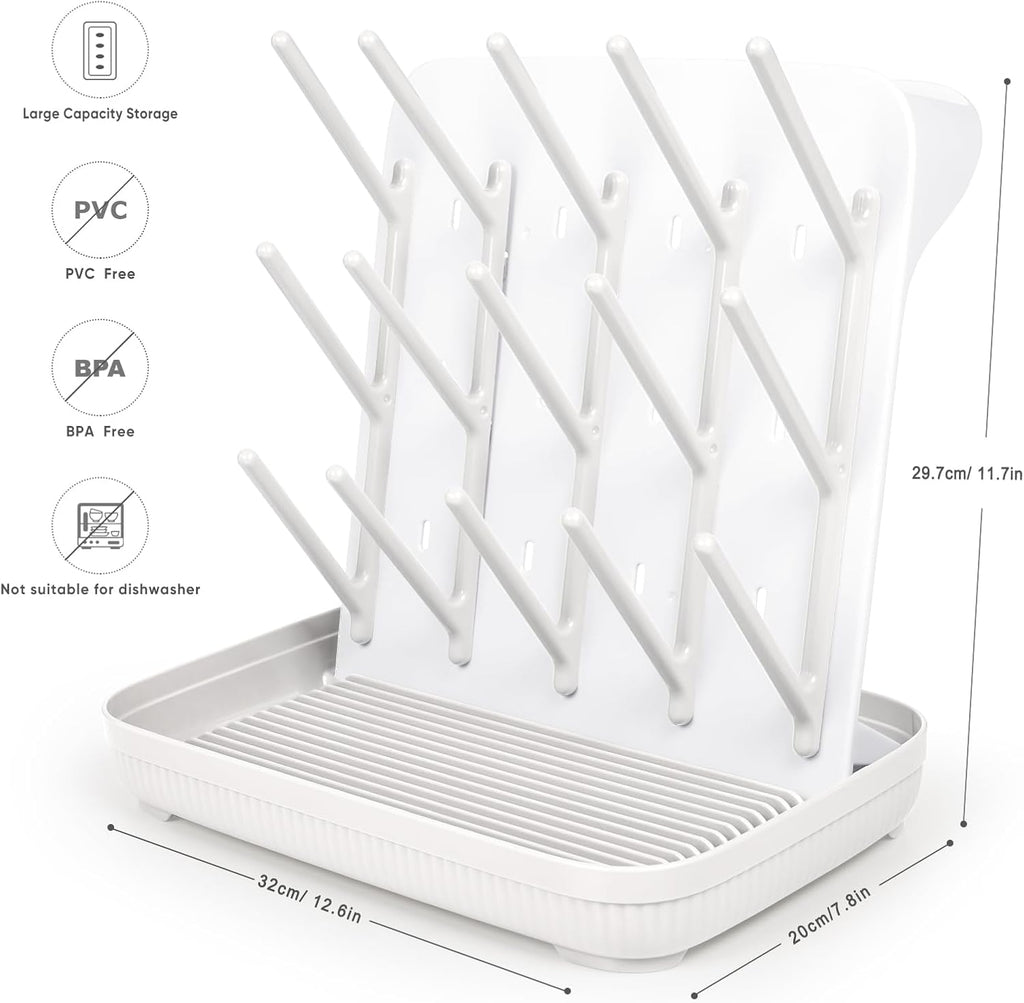 Termichy Baby Bottle Drying Rack: Large Vertical Bottle Dryer Rack Holder - Space Saving Standing Drying Rack for Baby Bottles and Pump Part Cleaning (White)