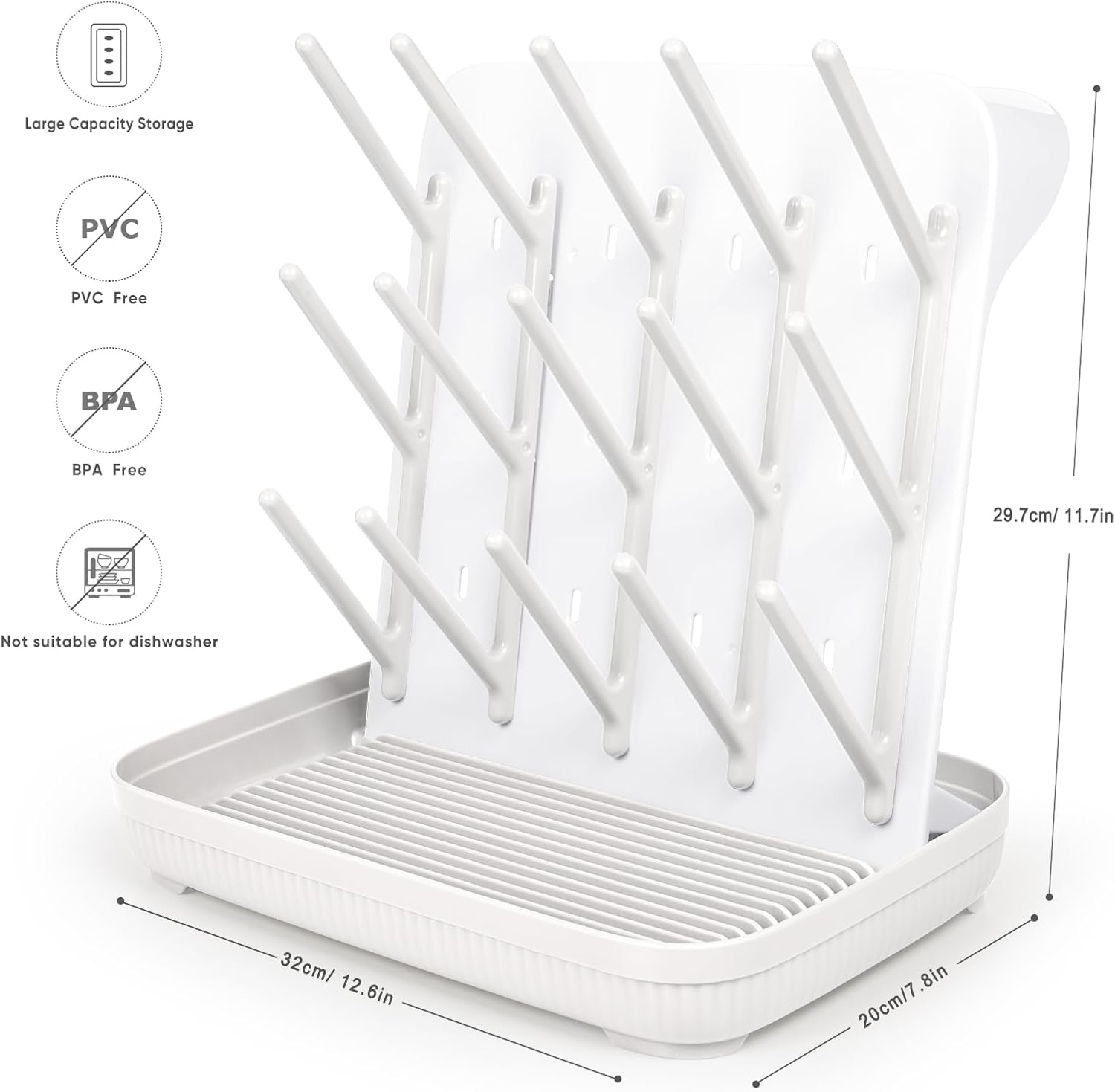 Termichy Baby Bottle Drying Rack: Large Vertical Bottle Dryer Rack Holder - Space Saving Standing Drying Rack for Baby Bottles and Pump Part Cleaning (White)