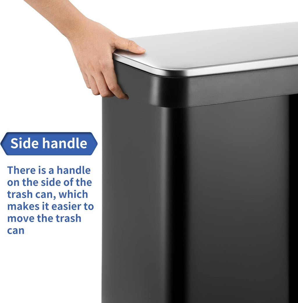 16 Gallon Dual Compartment Trash Can, Hands-Free Recycling Rectangular Garbage Bin, Stainless Steel Step-On Dustbin with Soft-Close Lid, Removable Inner Buckets, for Kitchen Home
