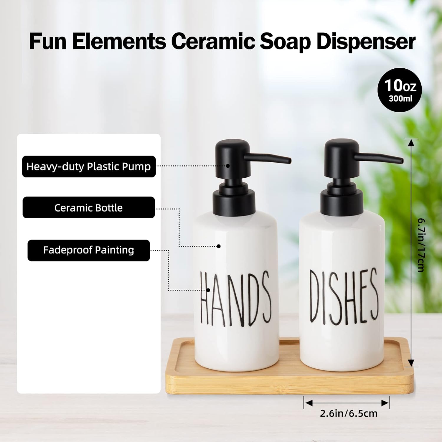 FE Dish Soap Dispenser for Kitchen, 10oz Ceramic Soap Dispenserr for Bathroom with Plastic Pump(Dishes)