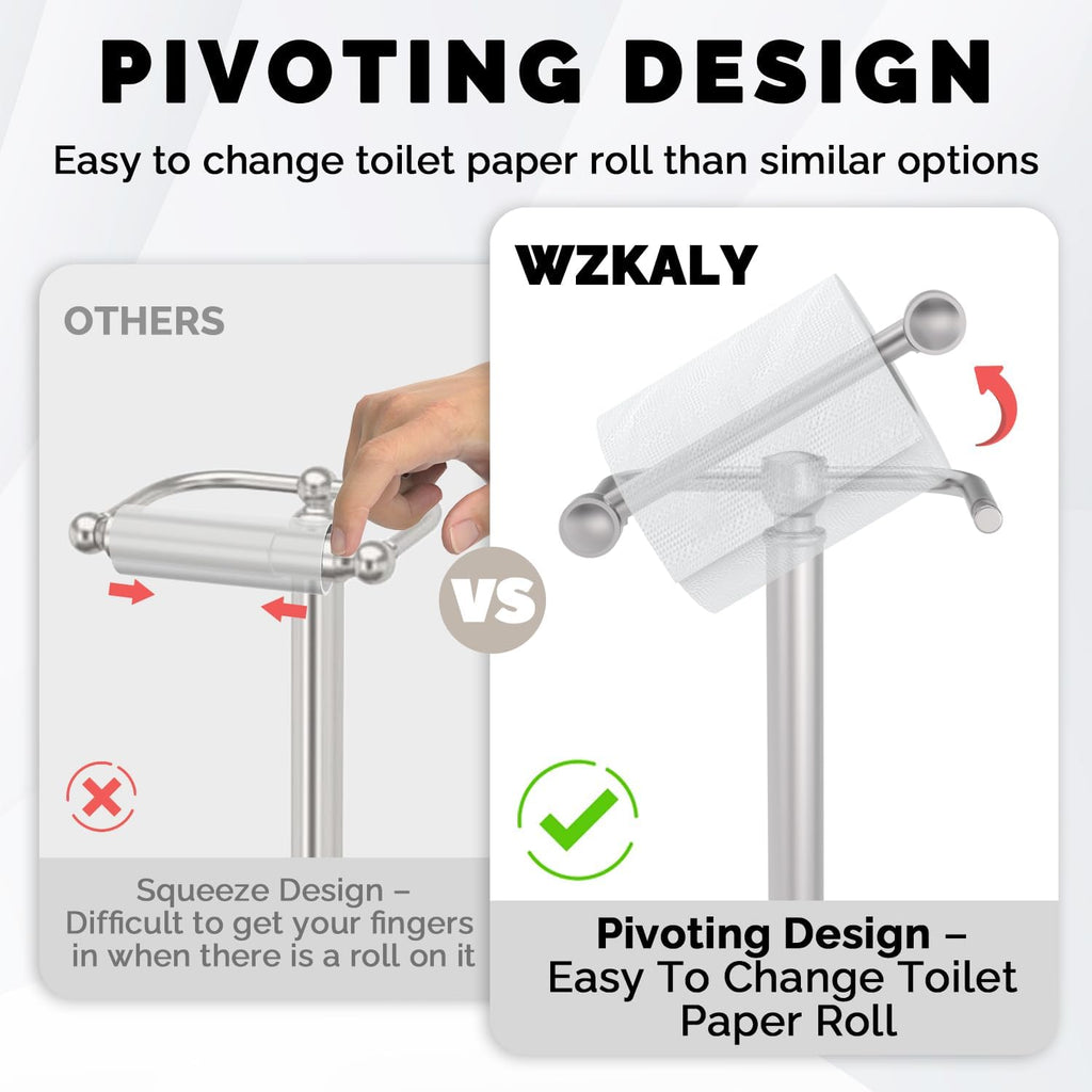 Toilet Paper Holder Stand, Brushed Nickel Toilet Paper Holder Free Standing, Post Pivoting Design & Stable Weighted Base SUS304 Stainless Steel for Bathroom(Mega Roll)