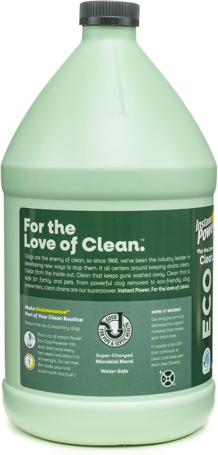 Instant Power Eco Clog Preventer - Enzyme Drain Cleaner Liquid and Deodorizer for Sink, Shower, Toilet, Garbage Disposal Cleaner, Bio-Based Drain Defense, Smell Remover and Odor Eliminator - 1 Gallon