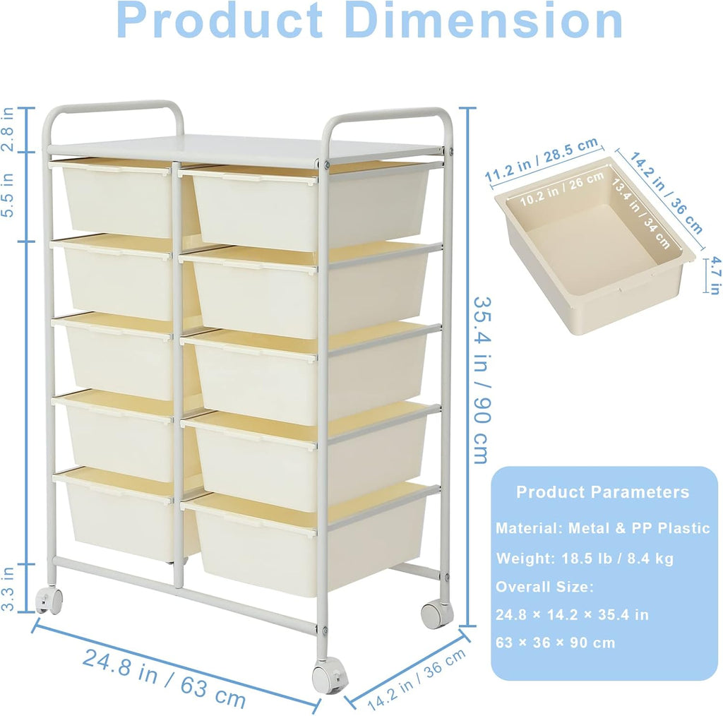 Rolling Cart with 10 Drawers, Plastic Drawer Cart with Metal Frame, Multipurpose Art Craft Cart Organizer with Wheels, Utility Cart with Drawers for Home, Office, School, White